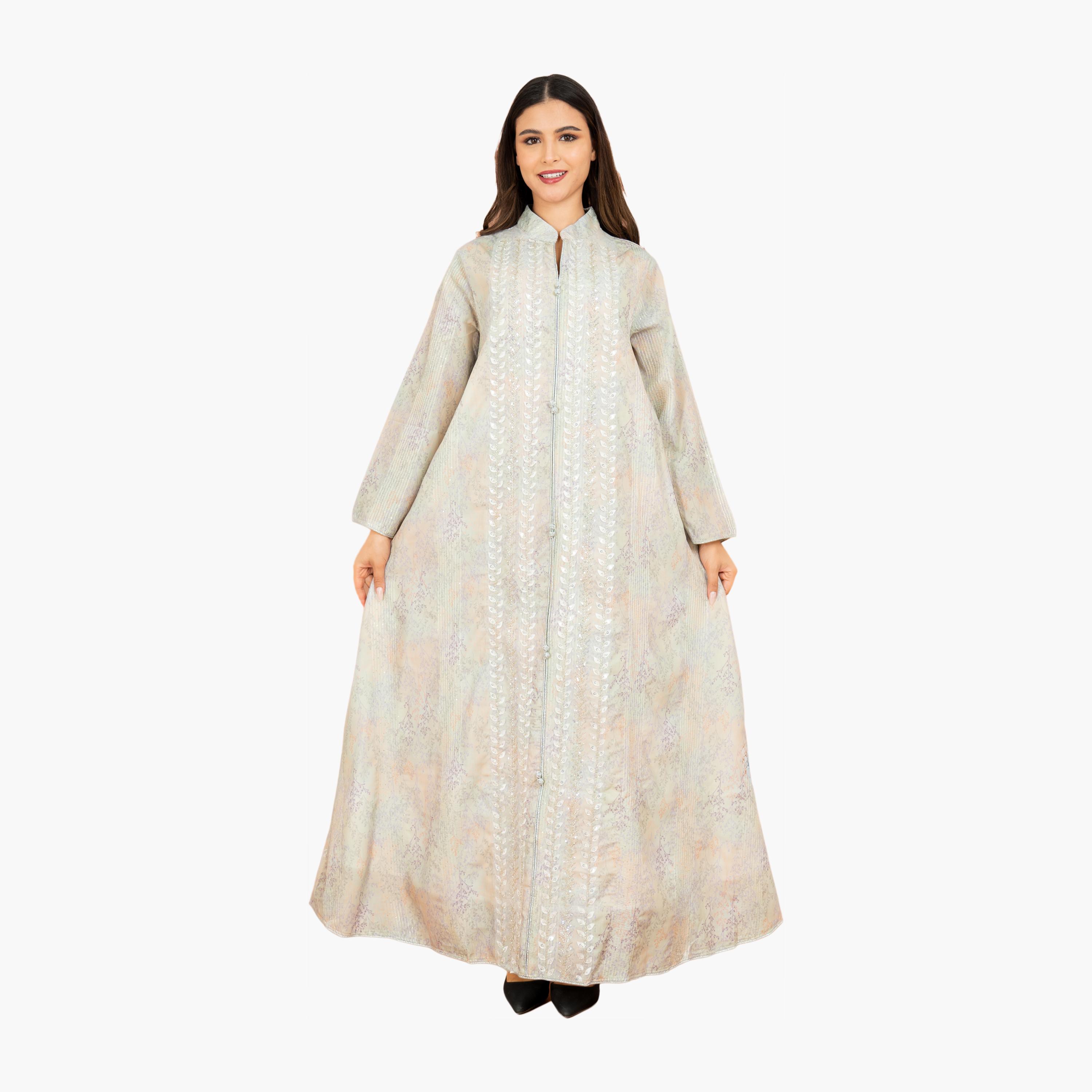 IKKXA Beaded & Vines Print Mandarin Collar Flared Sleeves Women's Evening Jalabiya-women-arabicclothing-jalabiyas-image-1