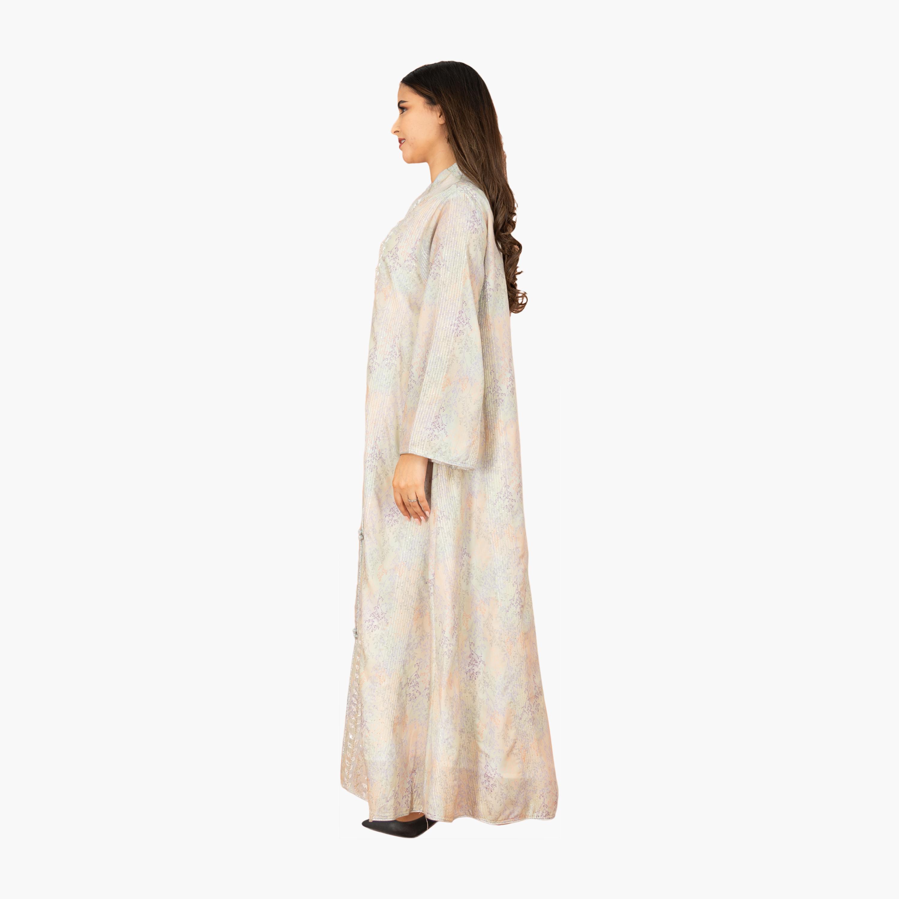 IKKXA Beaded & Vines Print Mandarin Collar Flared Sleeves Women's Evening Jalabiya-women-arabicclothing-jalabiyas-image-3