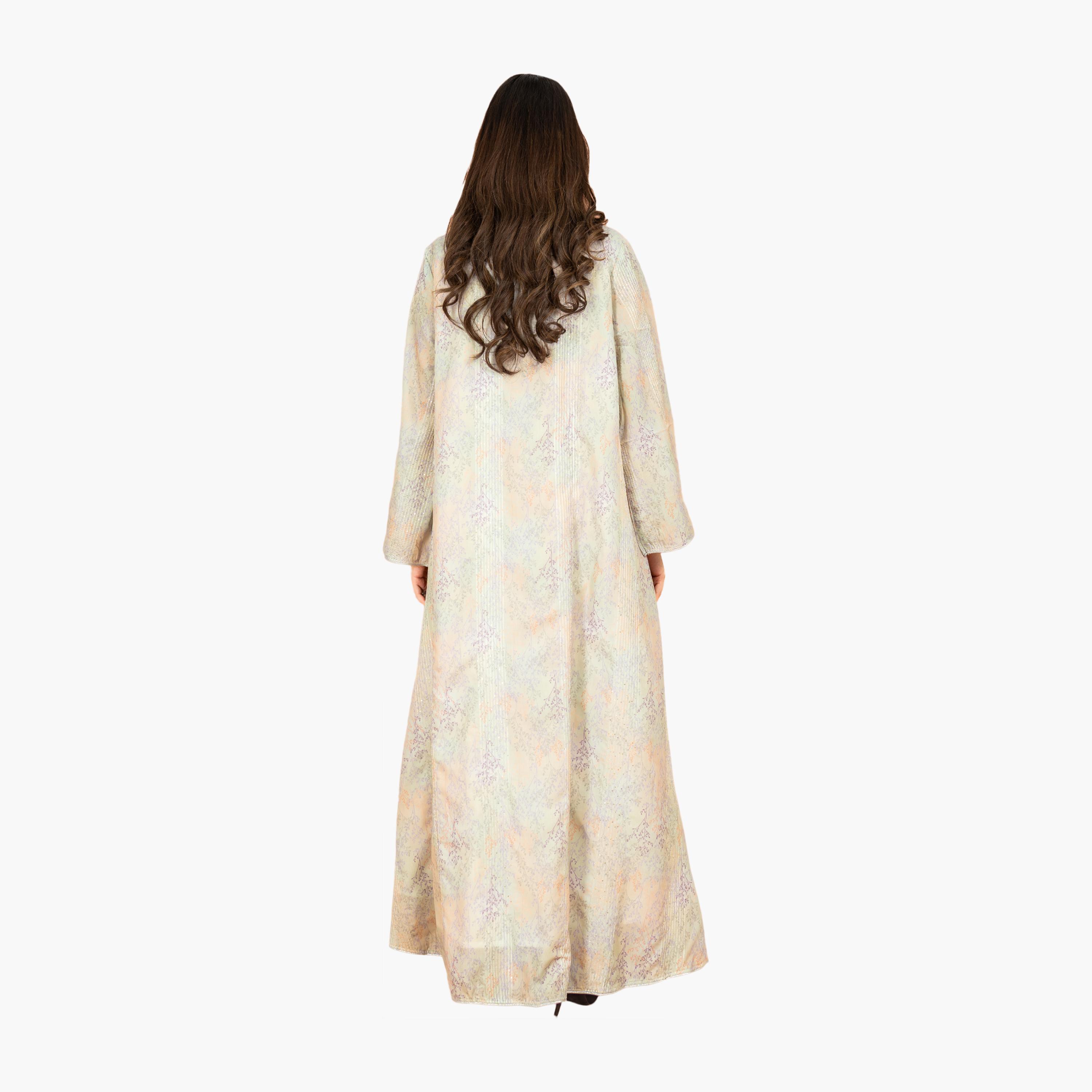 IKKXA Beaded & Vines Print Mandarin Collar Flared Sleeves Women's Evening Jalabiya-women-arabicclothing-jalabiyas-image-4