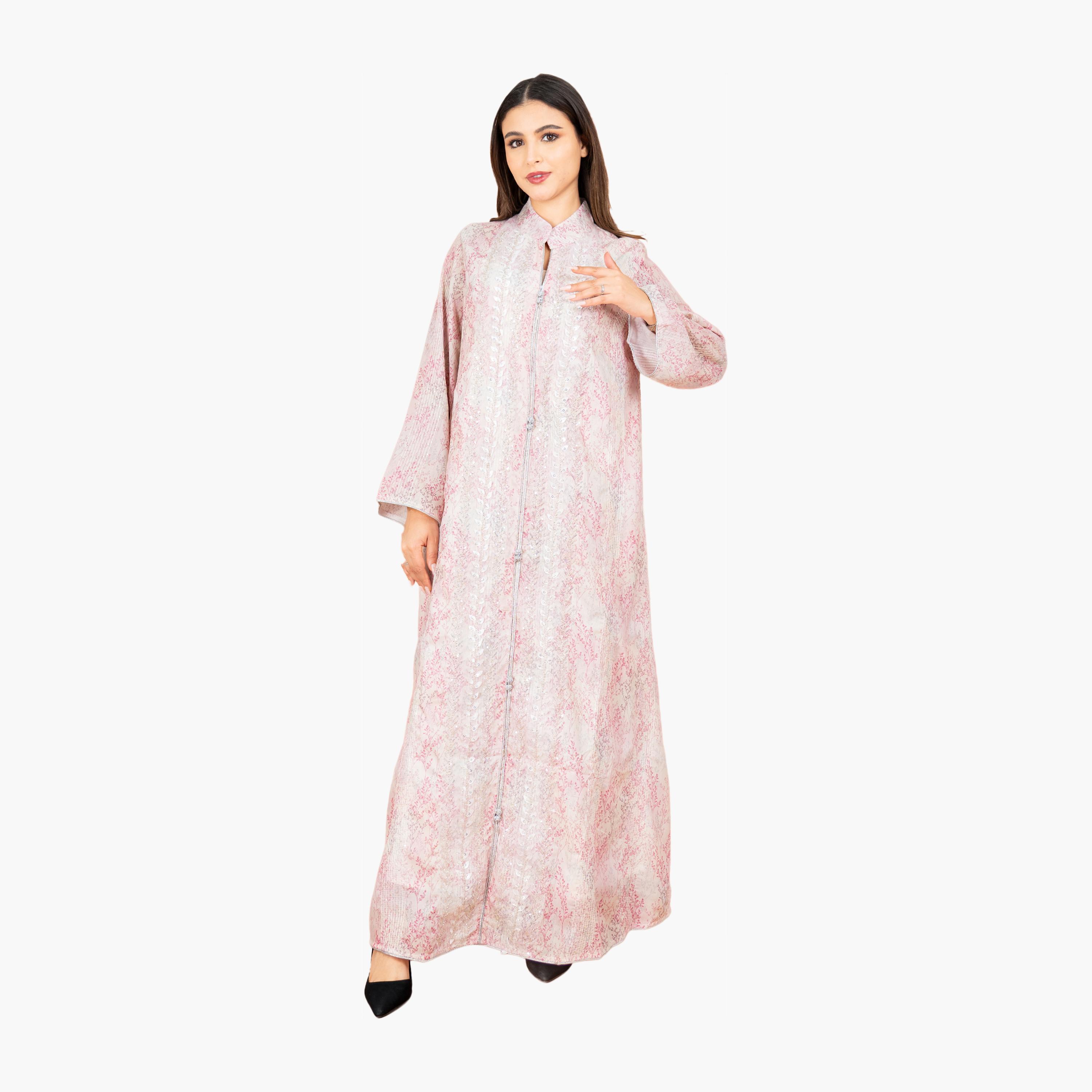 IKKXA Beaded & Vines Print Mandarin Collar Flared Sleeves Women's Evening Jalabiya-women-arabicclothing-jalabiyas-image-9