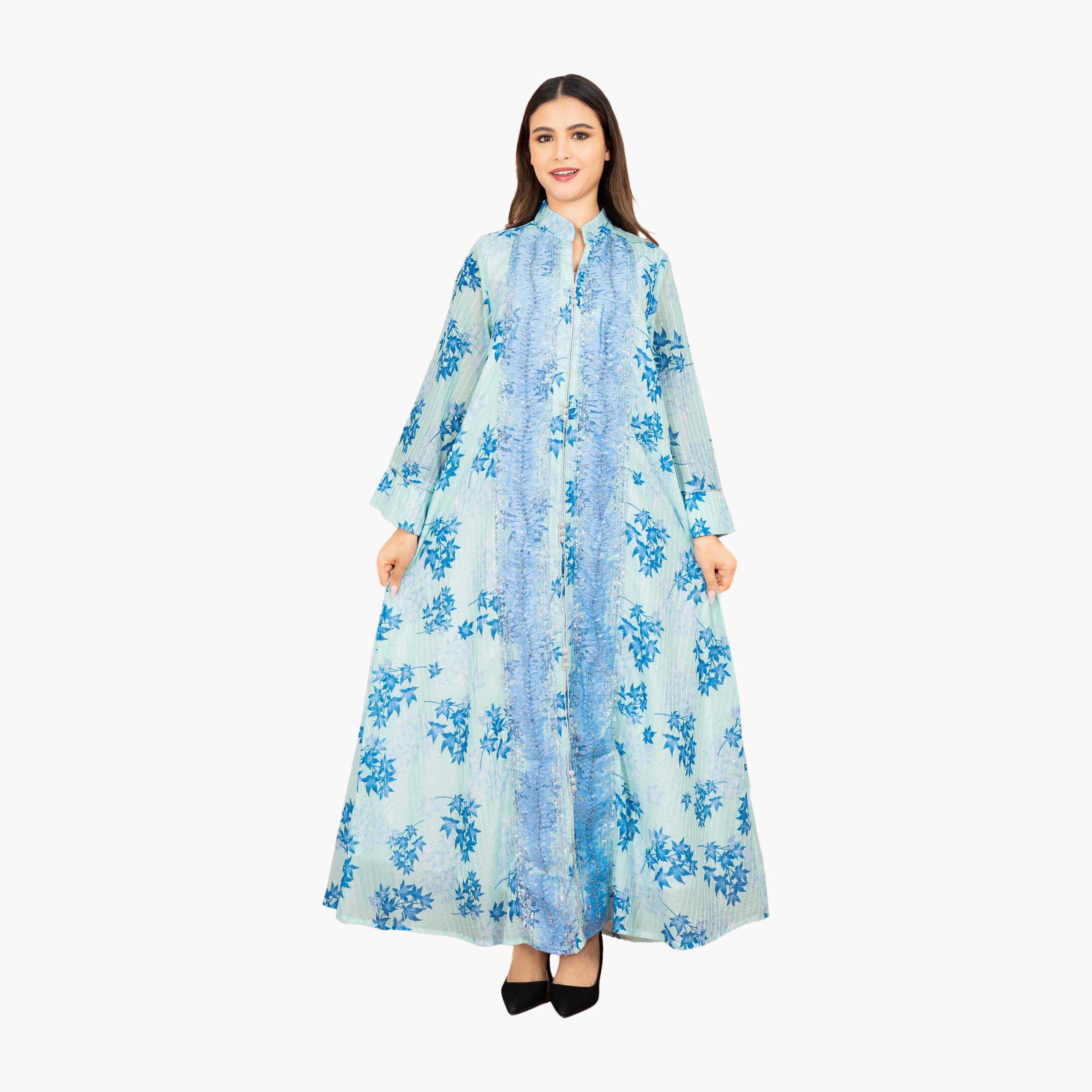 IKKXA Sequined & Beaded with Tropical Print Mandarin Collar Wide Sleeves Women's Evening Jalabiya-women-arabicclothing-jalabiyas-image-3