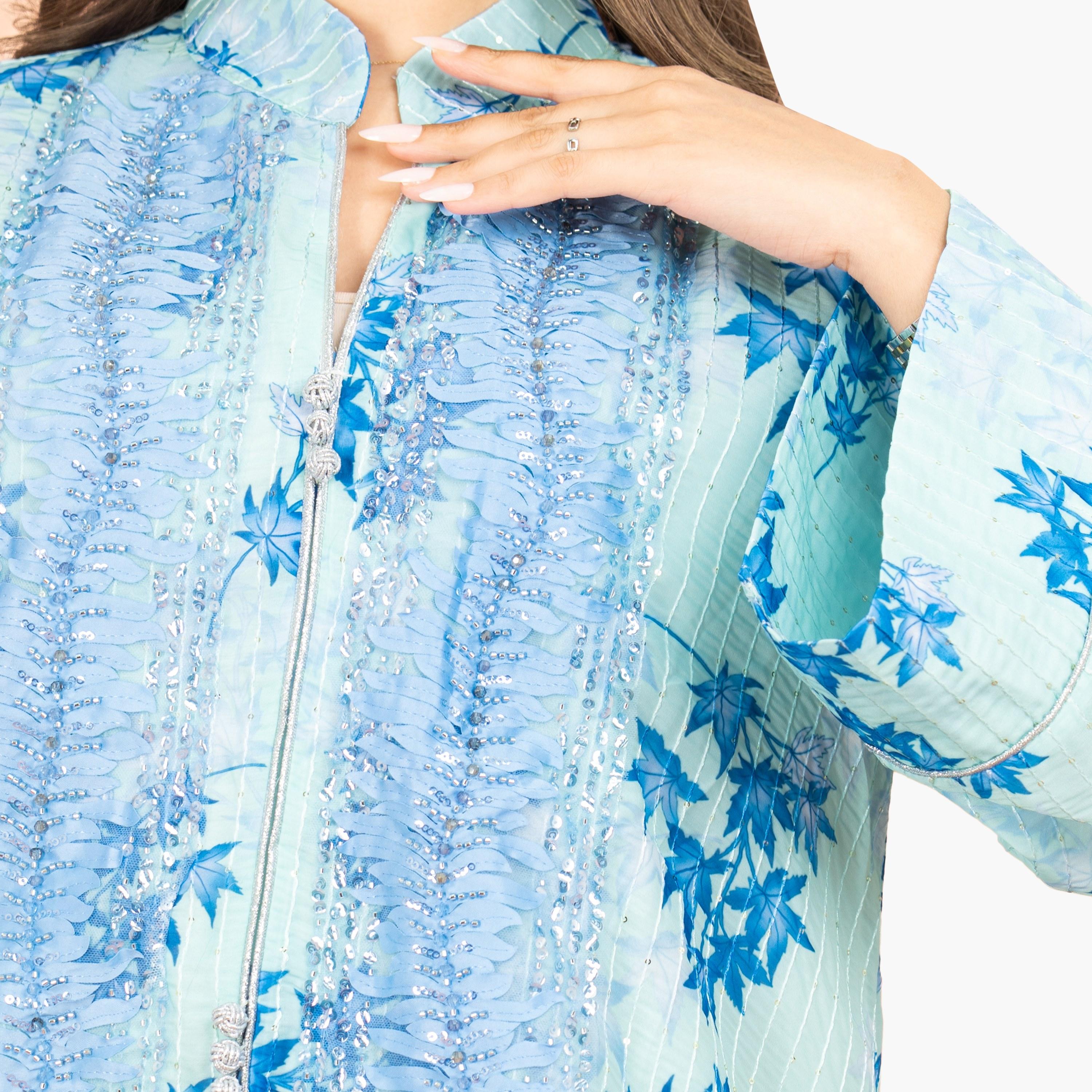 IKKXA Sequined & Beaded with Tropical Print Mandarin Collar Wide Sleeves Women's Evening Jalabiya-women-arabicclothing-jalabiyas-image-4