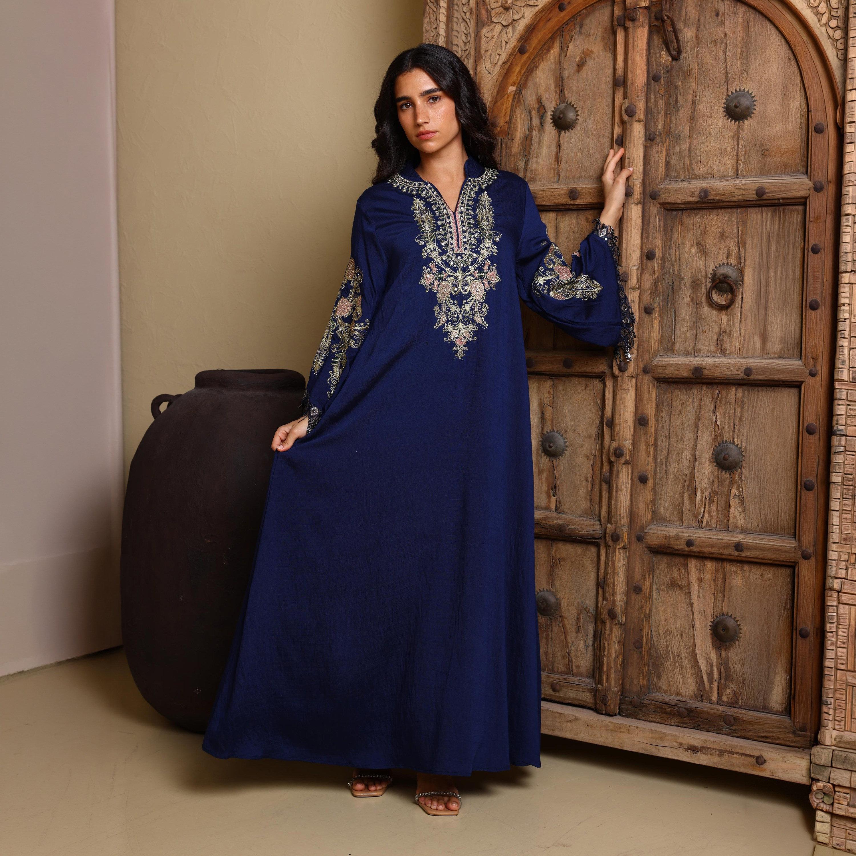 IKKXA Floral Embroidered Mandarin Collar Flared Sleeves Women's Evening Jalabiya-women-arabicclothing-jalabiyas-image-1