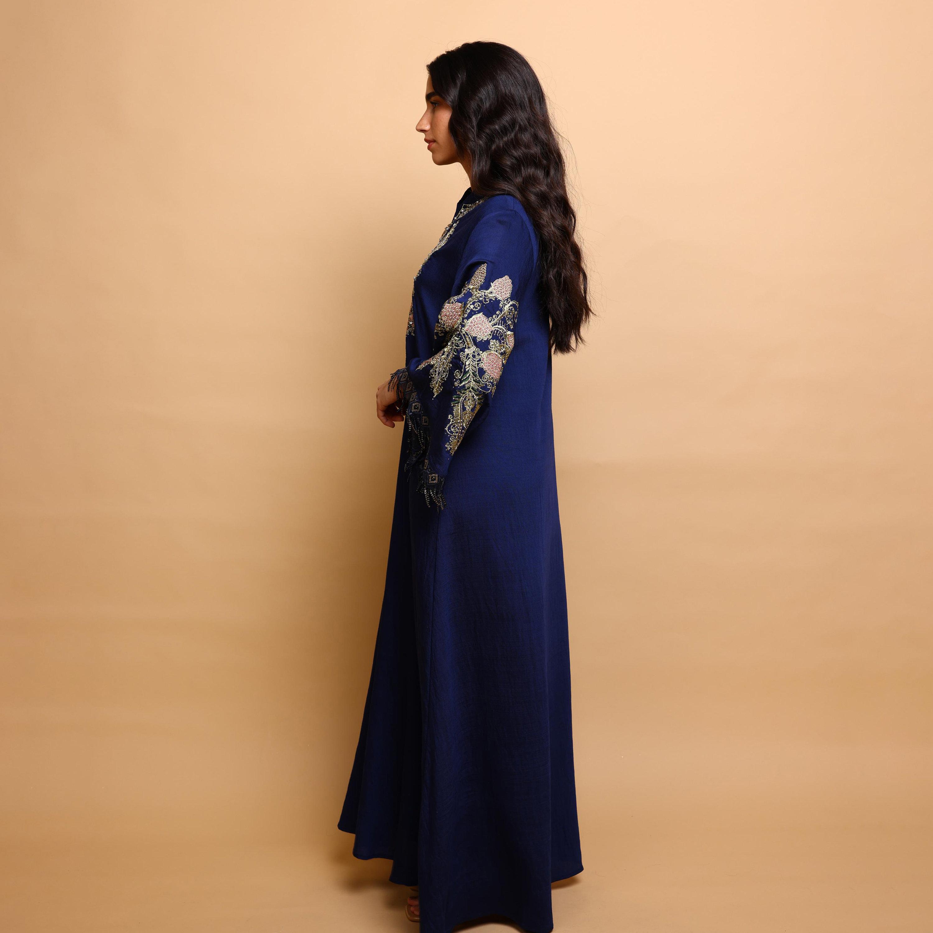 IKKXA Floral Embroidered Mandarin Collar Flared Sleeves Women's Evening Jalabiya-women-arabicclothing-jalabiyas-image-3