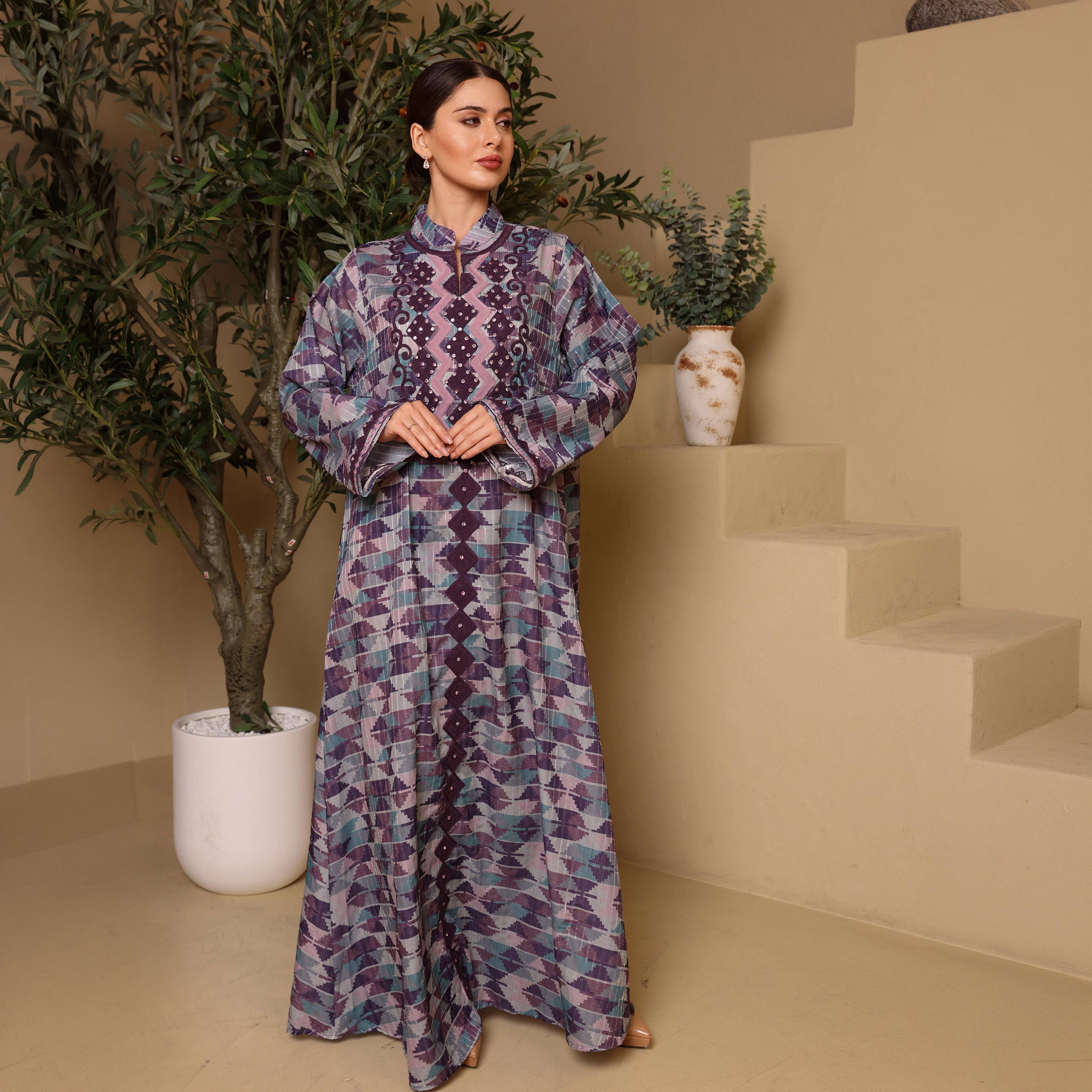 IKKXA Geometric Print & Embroidered Mandarin Collar Flared Sleeves Women's Jalabiya-women-arabicclothing-jalabiyas-image-1