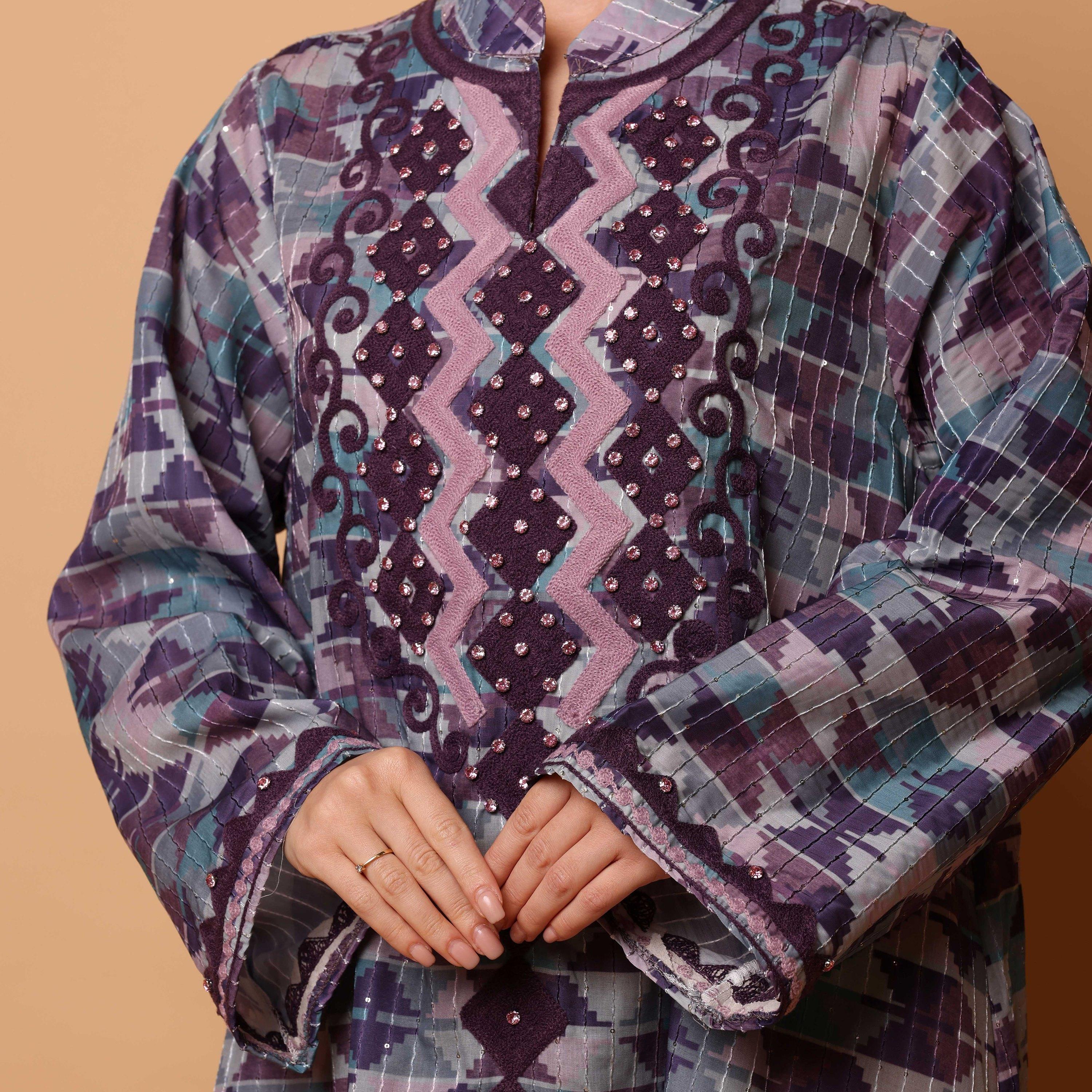 IKKXA Geometric Print & Embroidered Mandarin Collar Flared Sleeves Women's Jalabiya-women-arabicclothing-jalabiyas-image-2