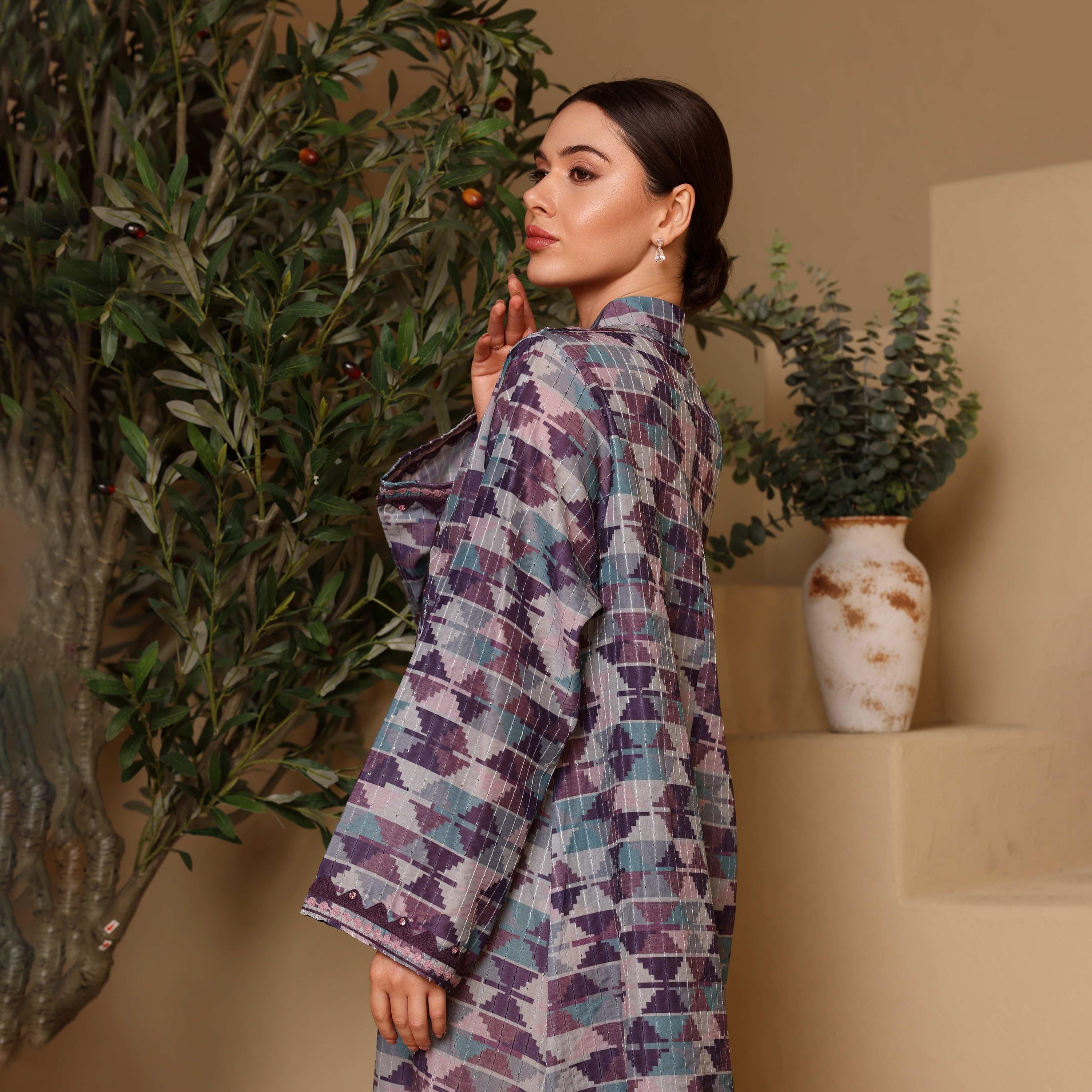 IKKXA Geometric Print & Embroidered Mandarin Collar Flared Sleeves Women's Jalabiya-women-arabicclothing-jalabiyas-image-3