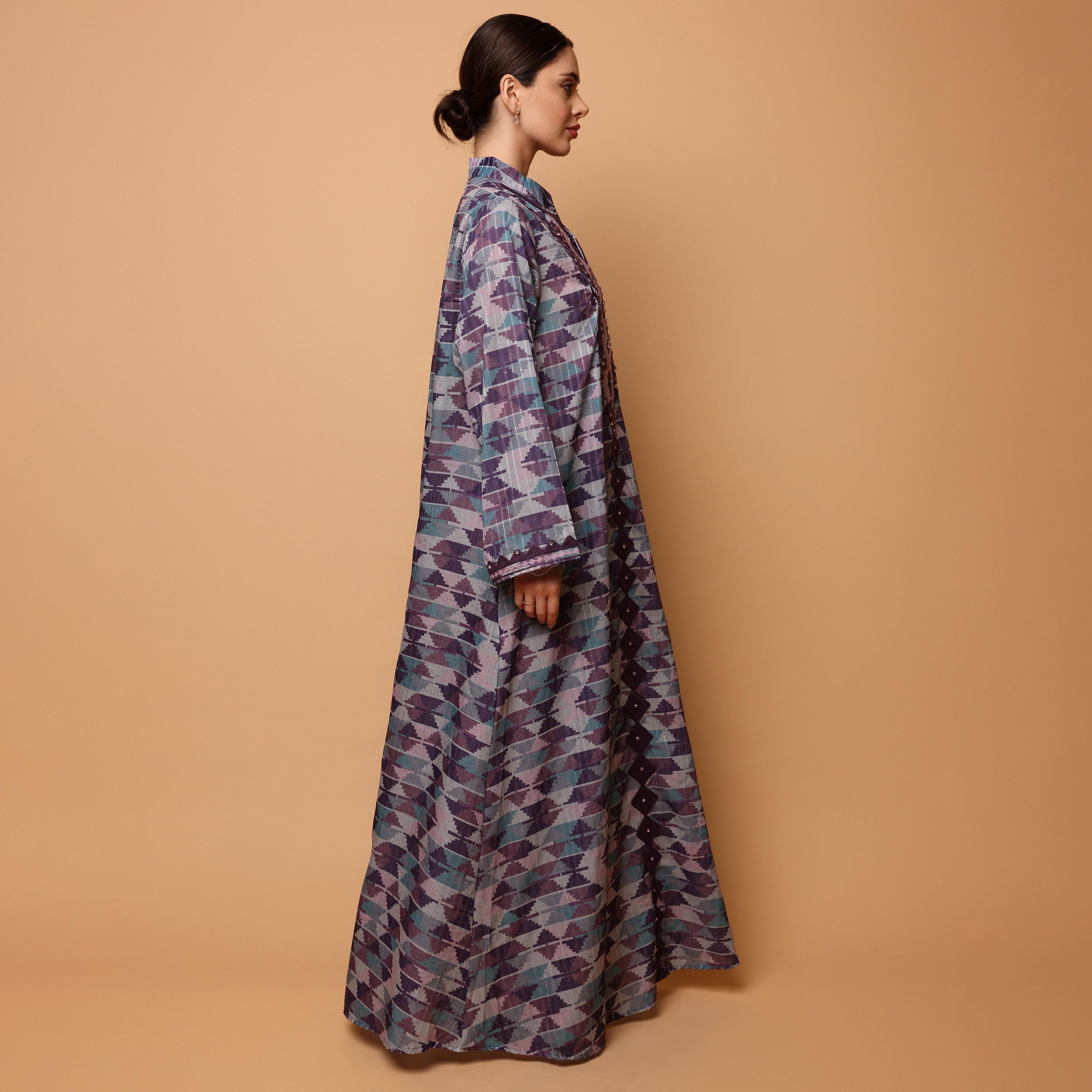 IKKXA Geometric Print & Embroidered Mandarin Collar Flared Sleeves Women's Jalabiya-women-arabicclothing-jalabiyas-image-4