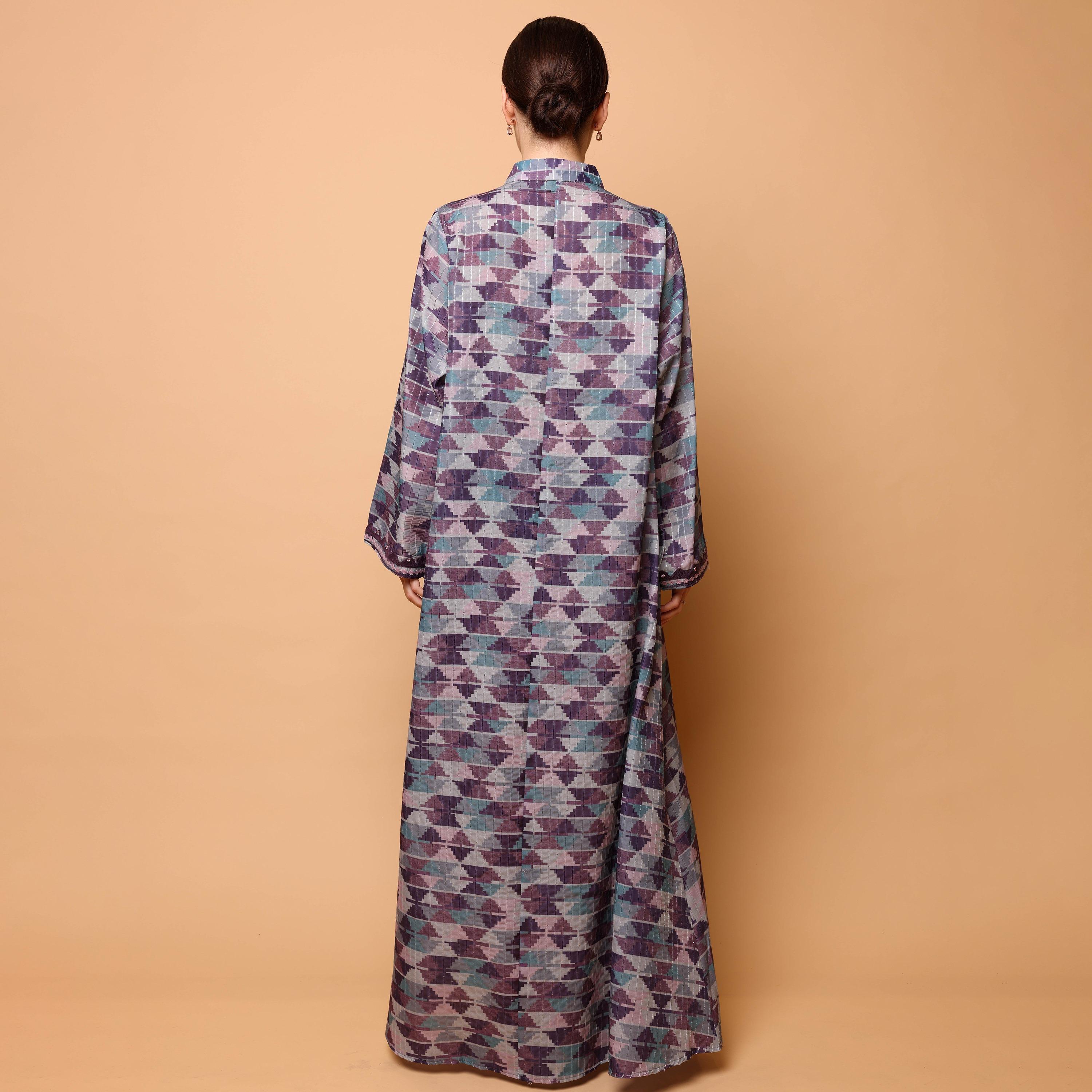IKKXA Geometric Print & Embroidered Mandarin Collar Flared Sleeves Women's Jalabiya-women-arabicclothing-jalabiyas-image-5