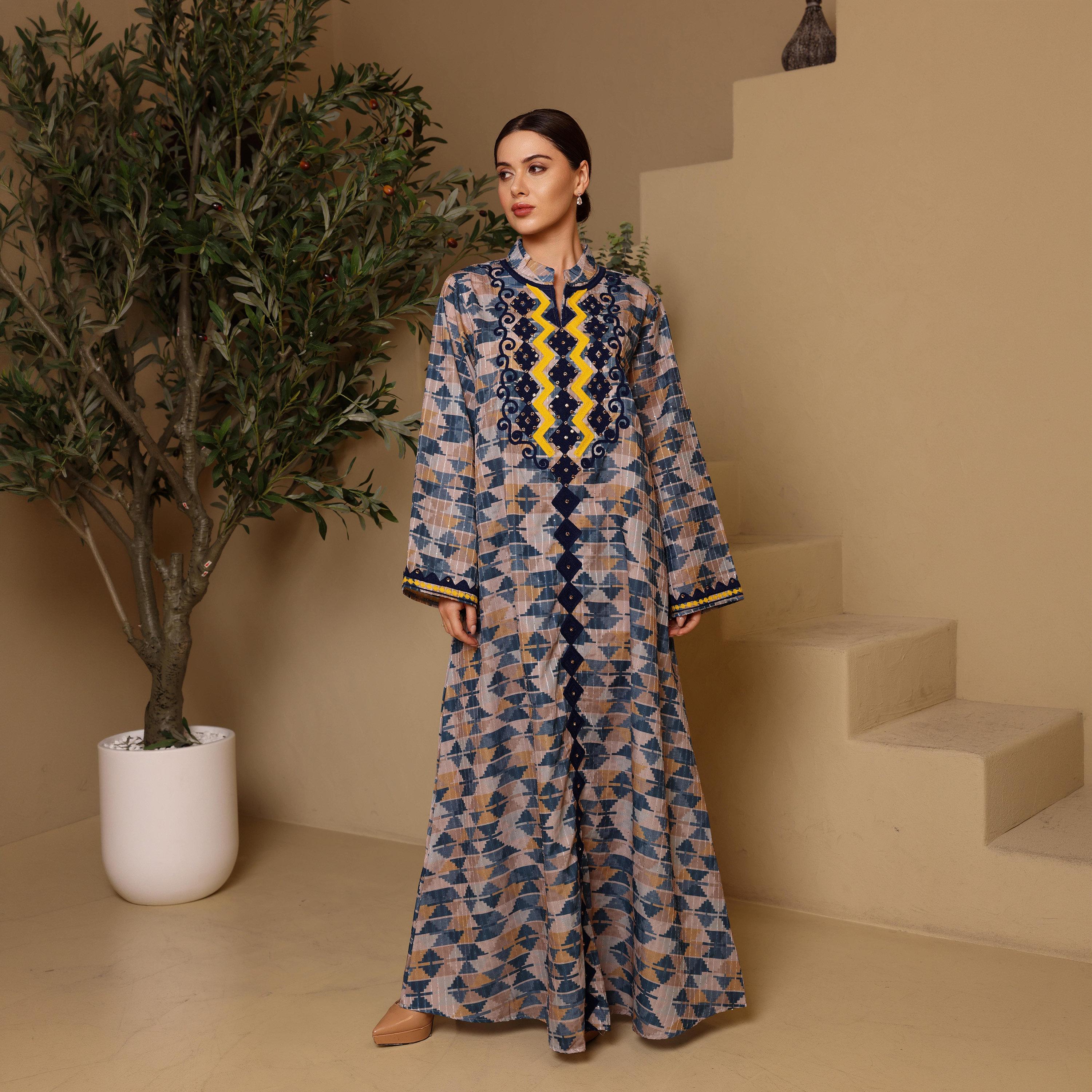 IKKXA Geometric Print & Embroidered Mandarin Collar Flared Sleeves Women's Jalabiya-women-arabicclothing-jalabiyas-image-1