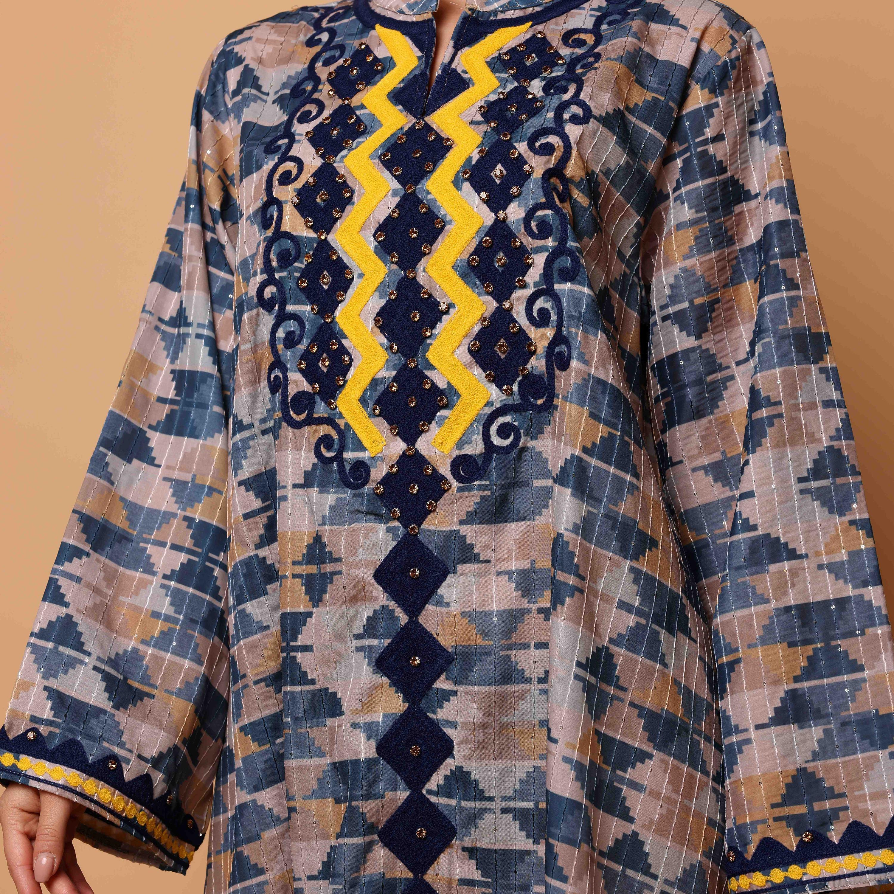 IKKXA Geometric Print & Embroidered Mandarin Collar Flared Sleeves Women's Jalabiya-women-arabicclothing-jalabiyas-image-2