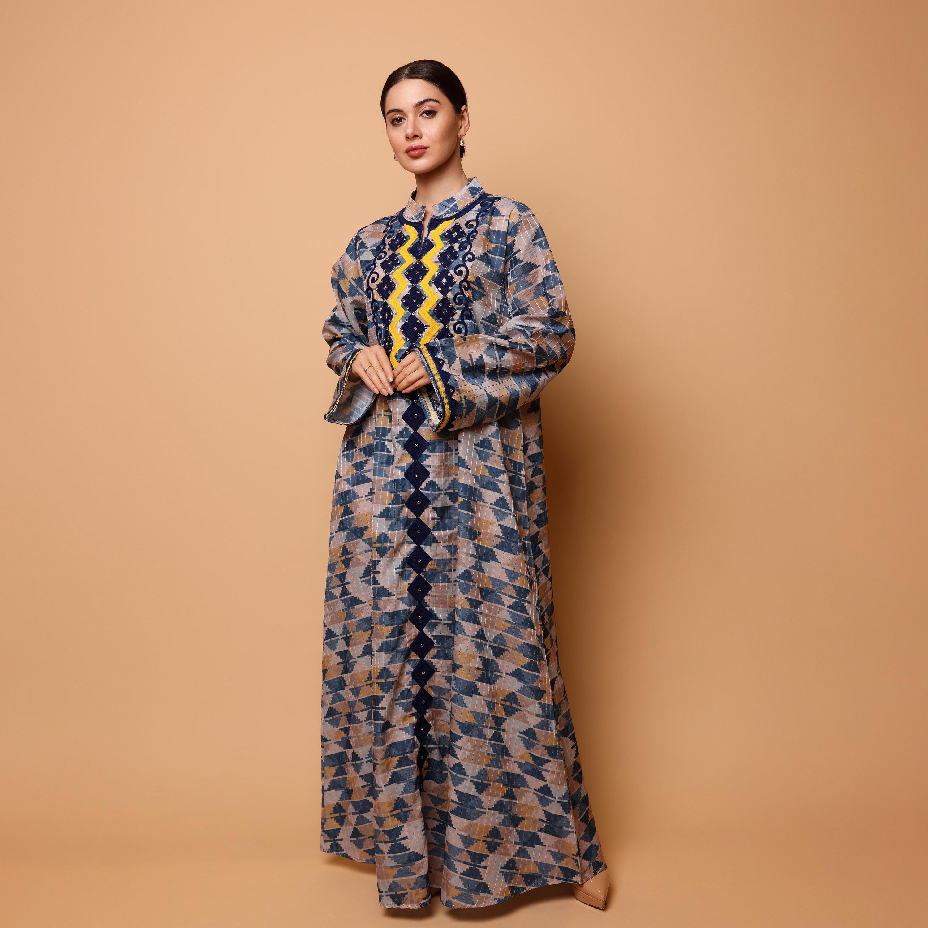 IKKXA Geometric Print & Embroidered Mandarin Collar Flared Sleeves Women's Jalabiya-women-arabicclothing-jalabiyas-image-3