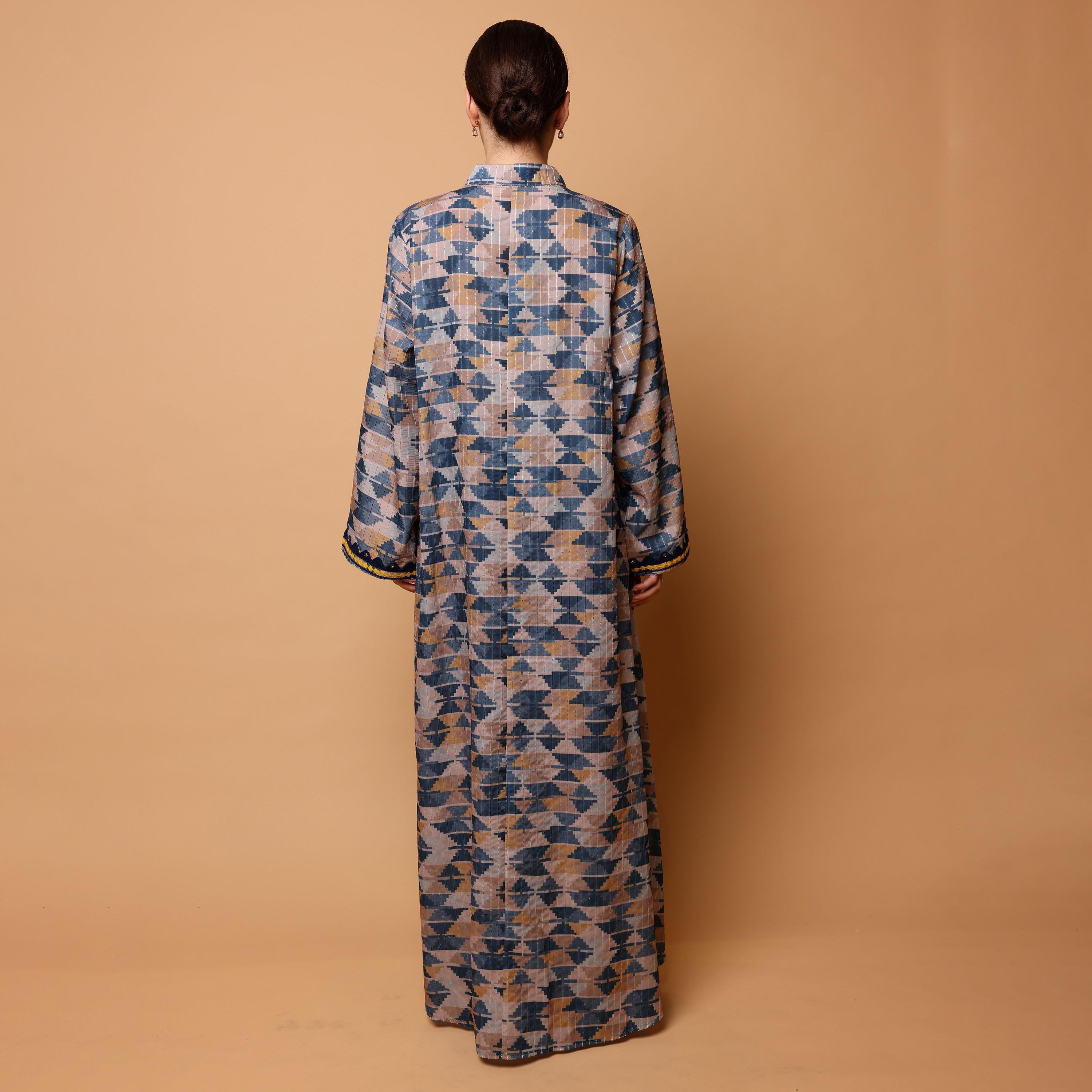 IKKXA Geometric Print & Embroidered Mandarin Collar Flared Sleeves Women's Jalabiya-women-arabicclothing-jalabiyas-image-4