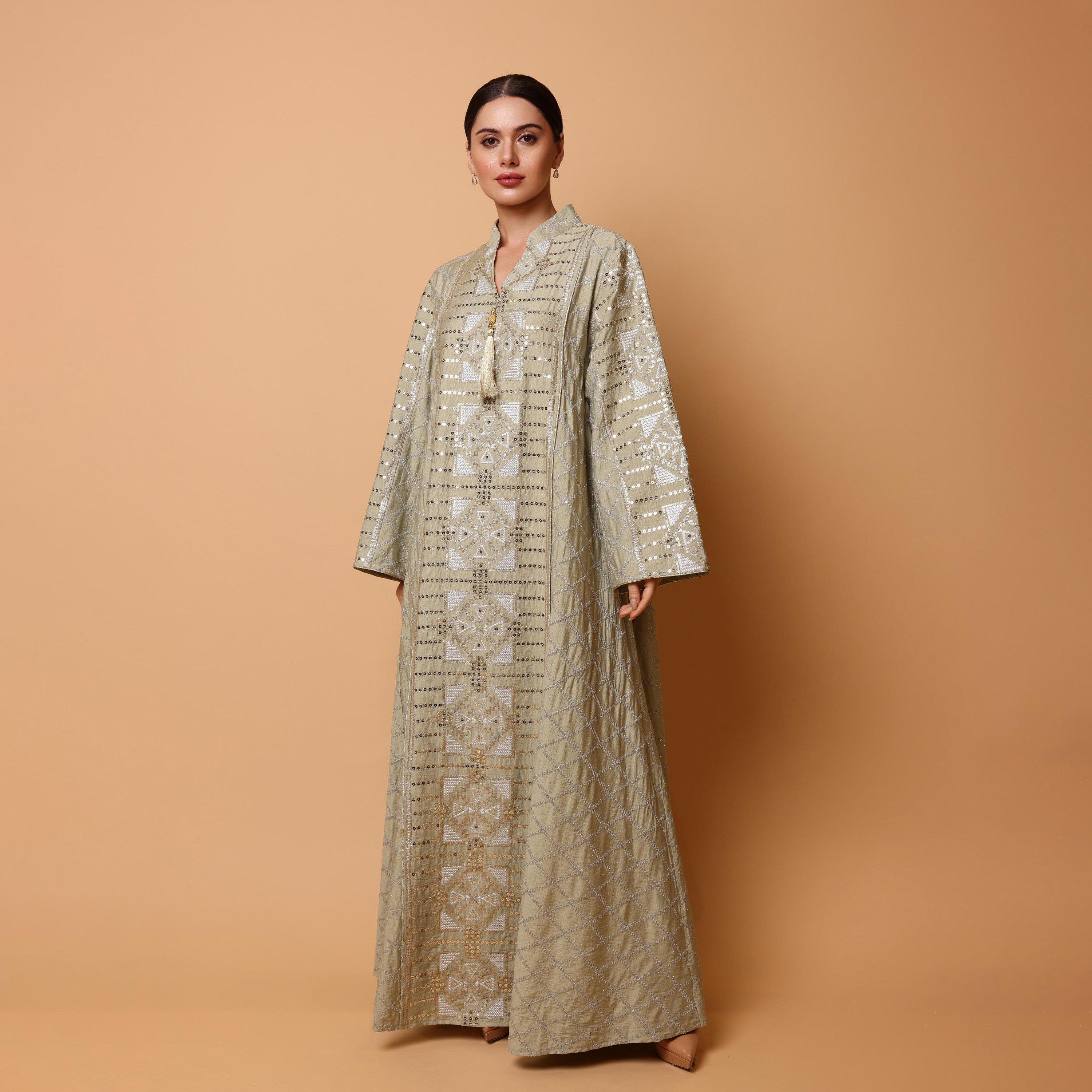 IKKXA Geometric Embroidered Mandarin Collar Wide Sleeves Women's Evening Jalabiya-women-arabicclothing-jalabiyas-image-1