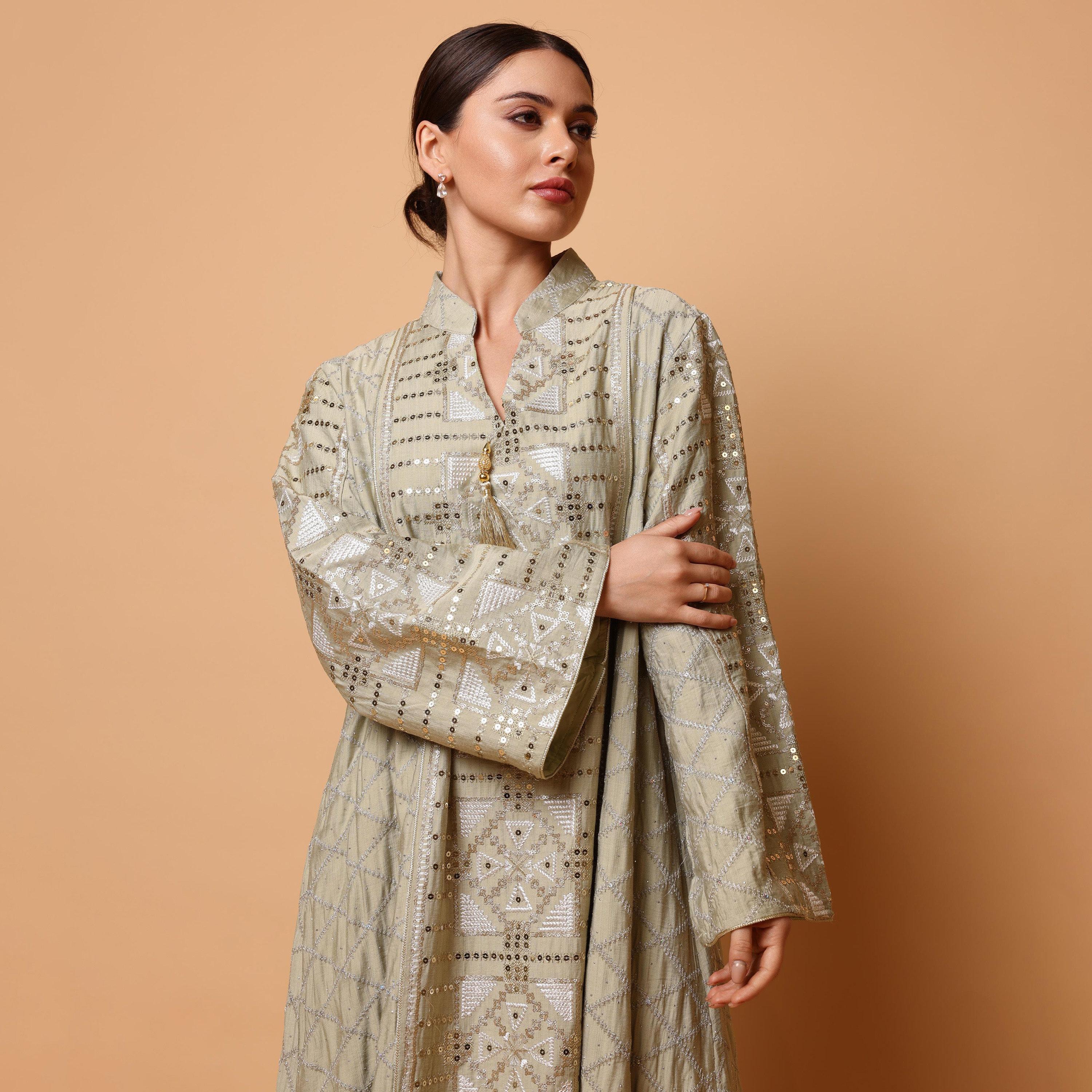 IKKXA Geometric Embroidered Mandarin Collar Wide Sleeves Women's Evening Jalabiya-women-arabicclothing-jalabiyas-image-2