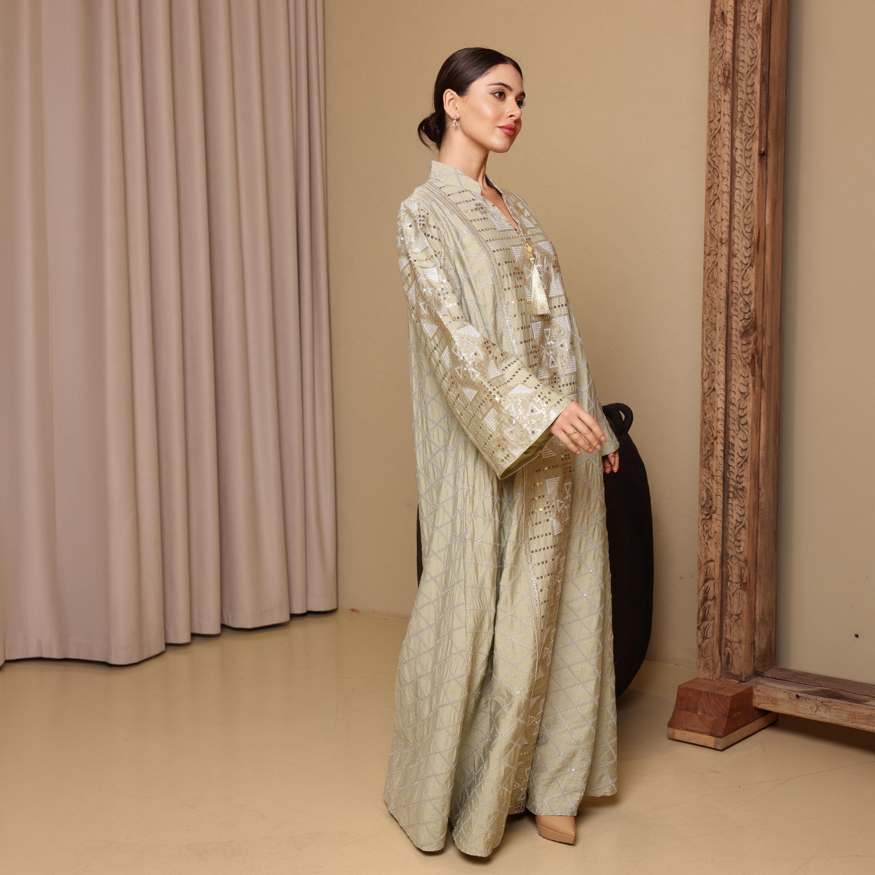 IKKXA Geometric Embroidered Mandarin Collar Wide Sleeves Women's Evening Jalabiya-women-arabicclothing-jalabiyas-image-3