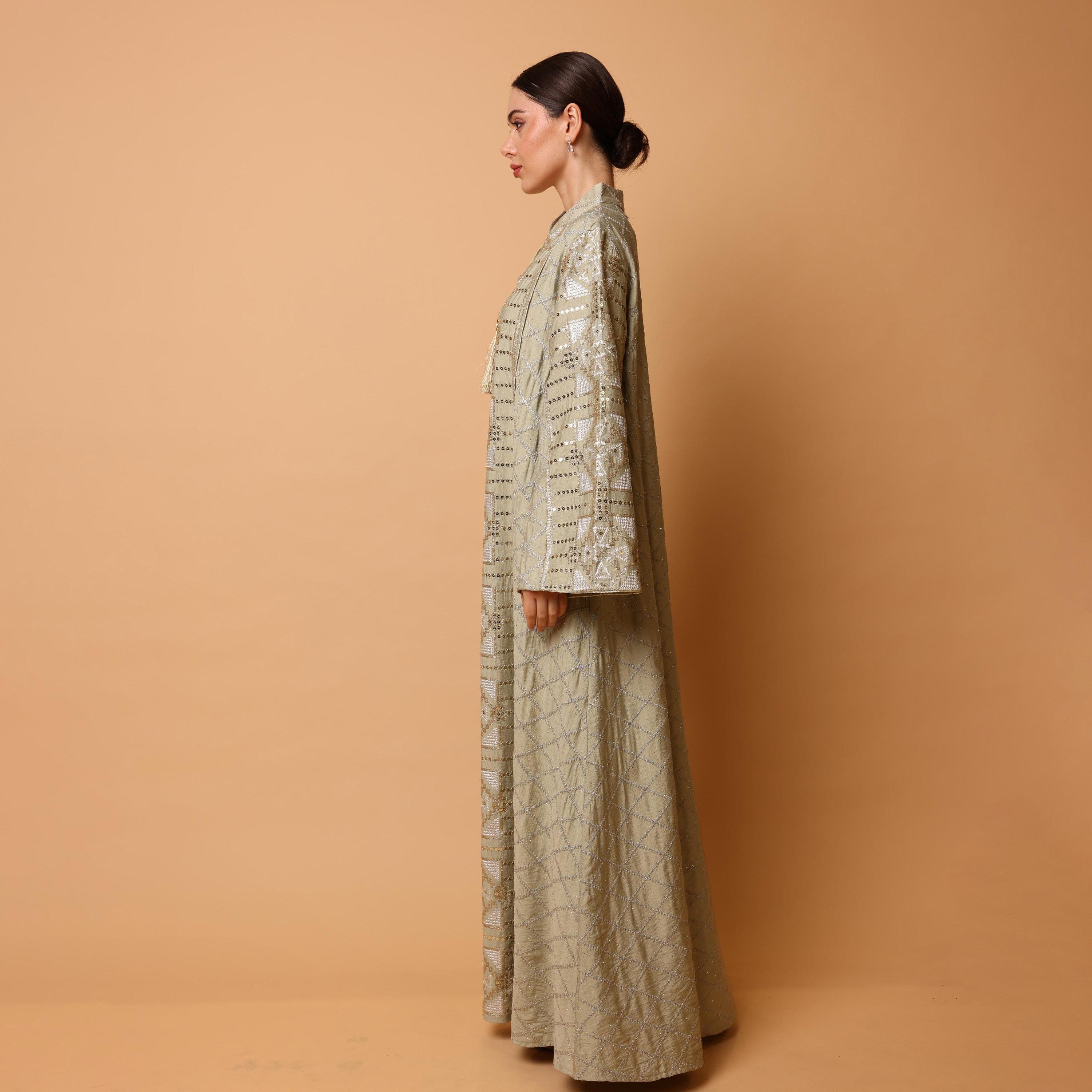 IKKXA Geometric Embroidered Mandarin Collar Wide Sleeves Women's Evening Jalabiya-women-arabicclothing-jalabiyas-image-4