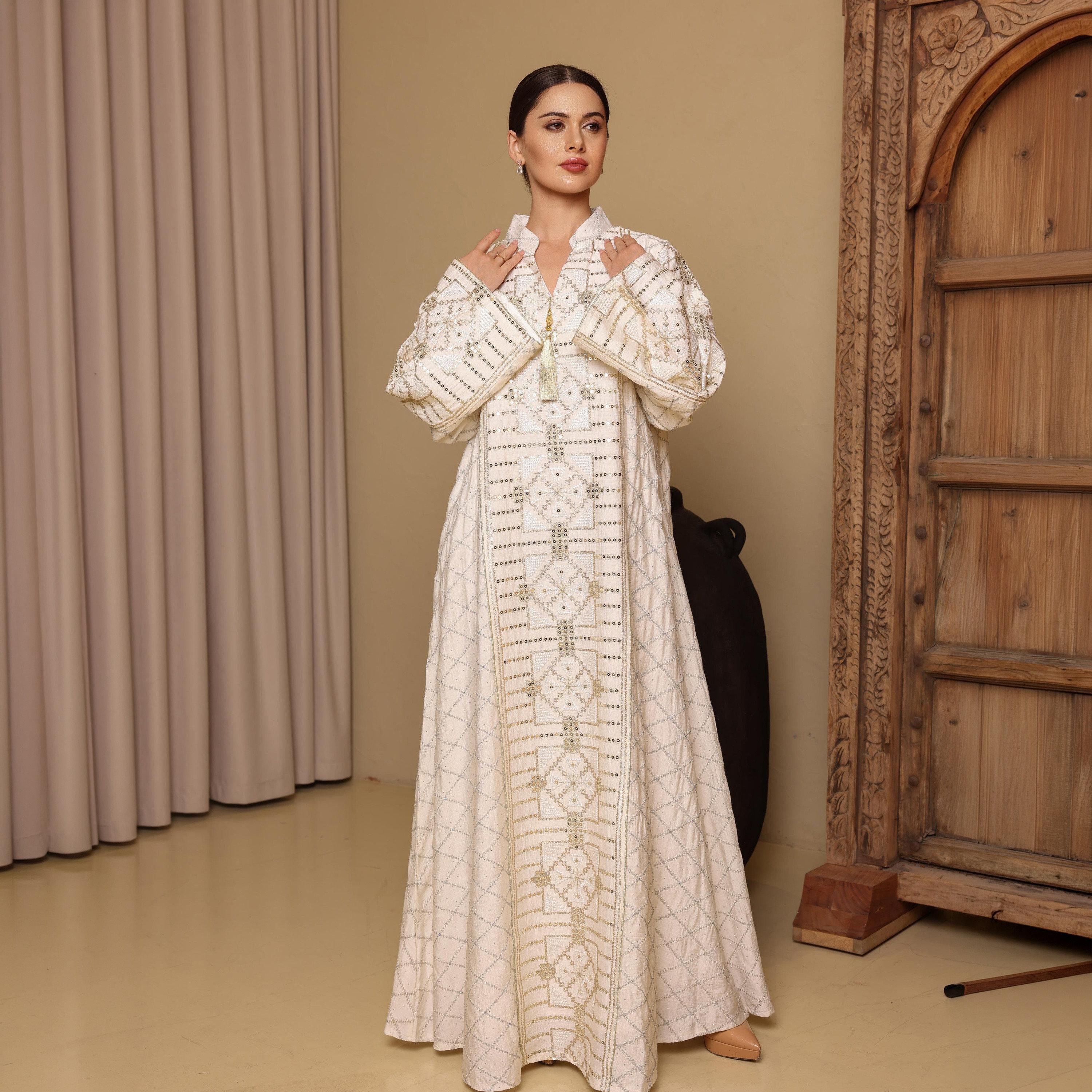 IKKXA Geometric Embroidered Mandarin Collar Wide Sleeves Women's Evening Jalabiya-women-arabicclothing-jalabiyas-image-1