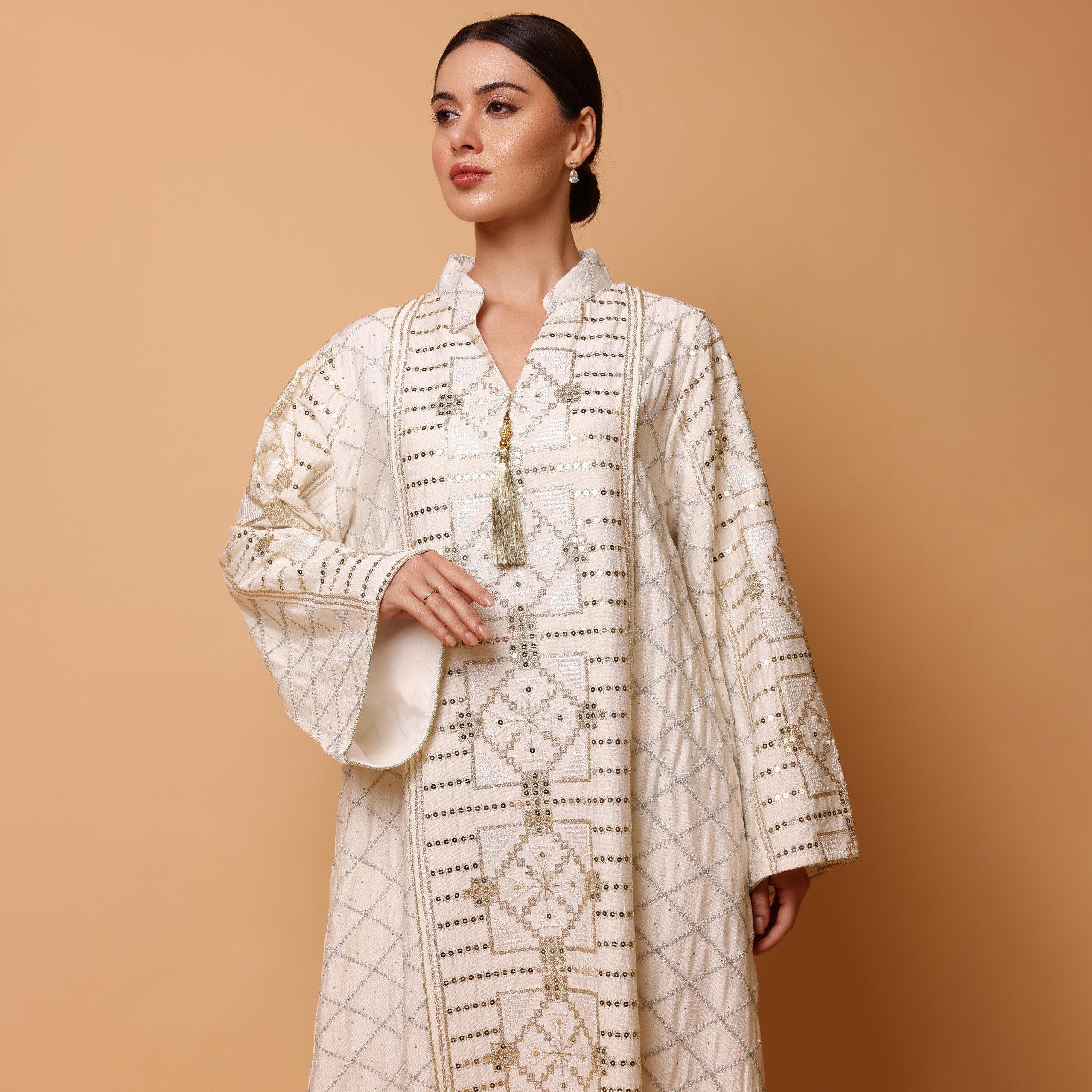 IKKXA Geometric Embroidered Mandarin Collar Wide Sleeves Women's Evening Jalabiya-women-arabicclothing-jalabiyas-image-2