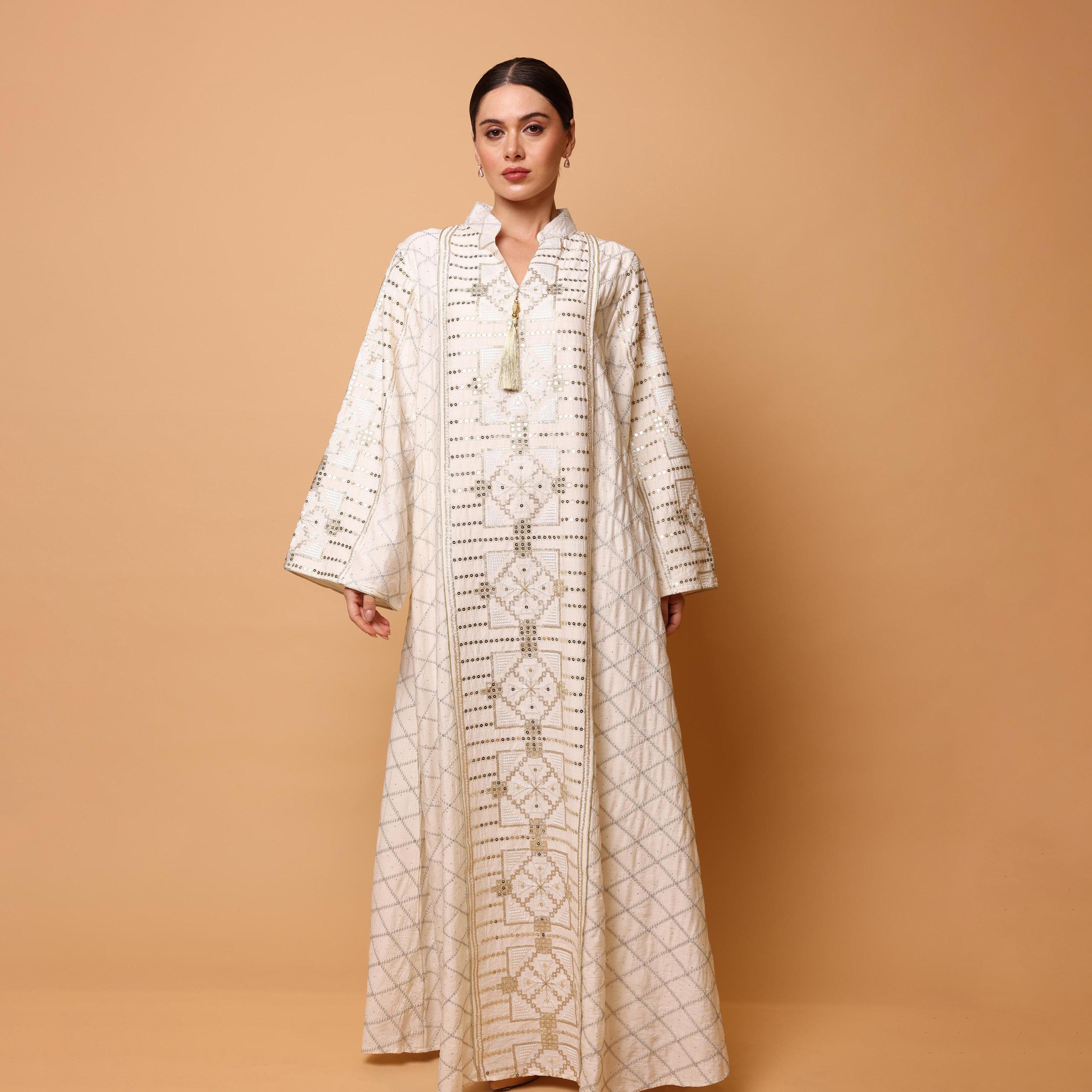 IKKXA Geometric Embroidered Mandarin Collar Wide Sleeves Women's Evening Jalabiya-women-arabicclothing-jalabiyas-image-3