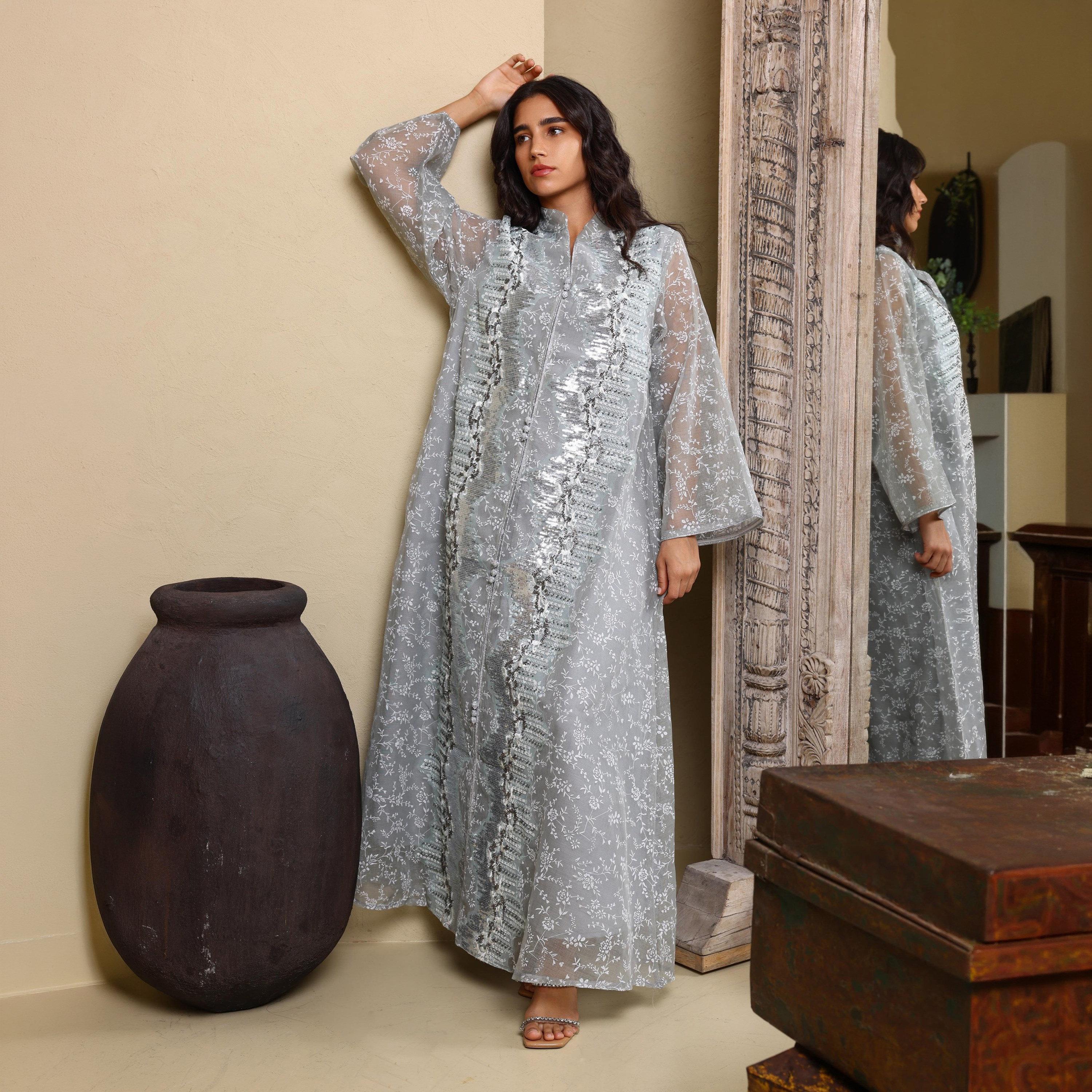IKKXA Floral Print & Sequined Mandarin Collar Wide Sleeves Women's Evening Jalabiya-women-arabicclothing-jalabiyas-image-1