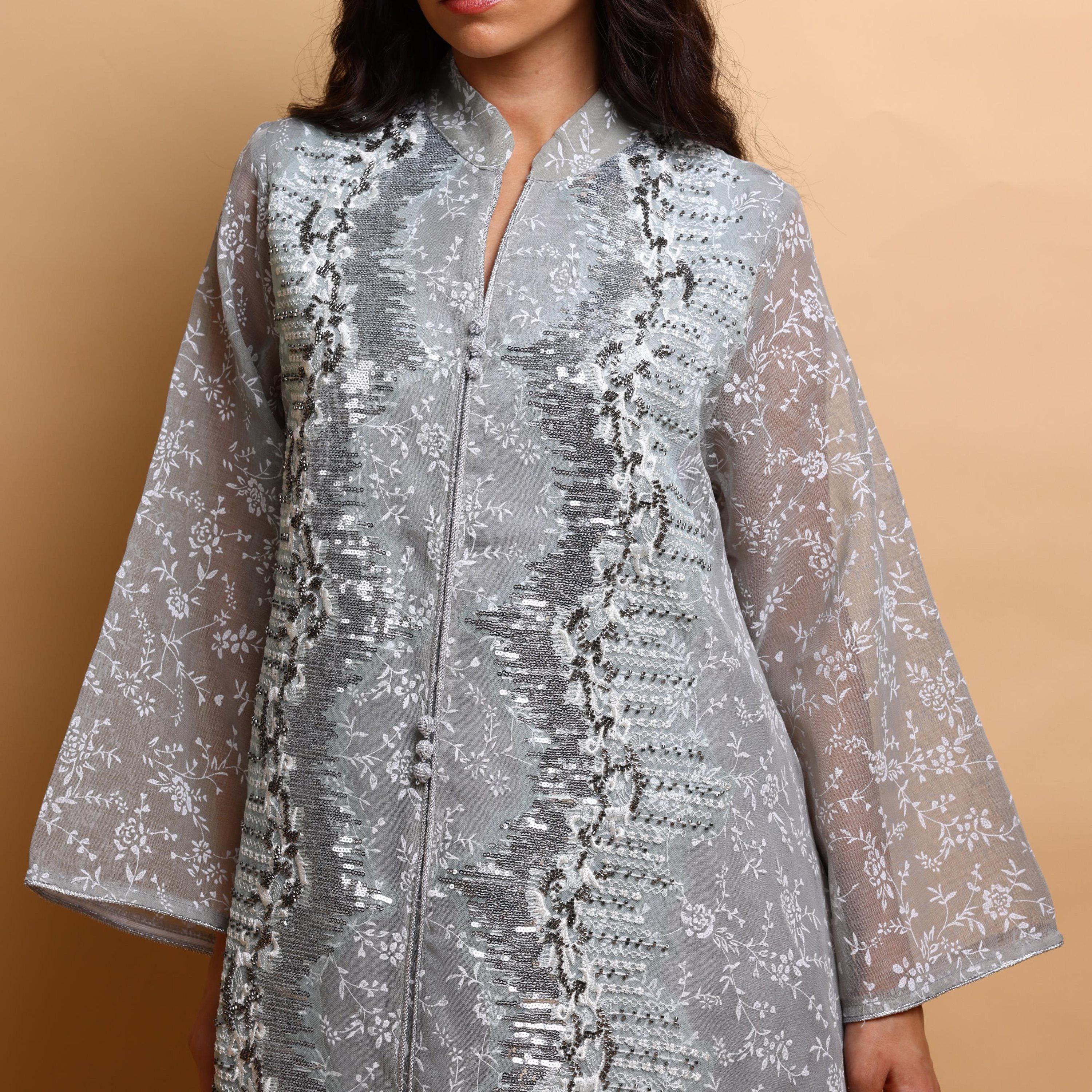 IKKXA Floral Print & Sequined Mandarin Collar Wide Sleeves Women's Evening Jalabiya-women-arabicclothing-jalabiyas-image-2