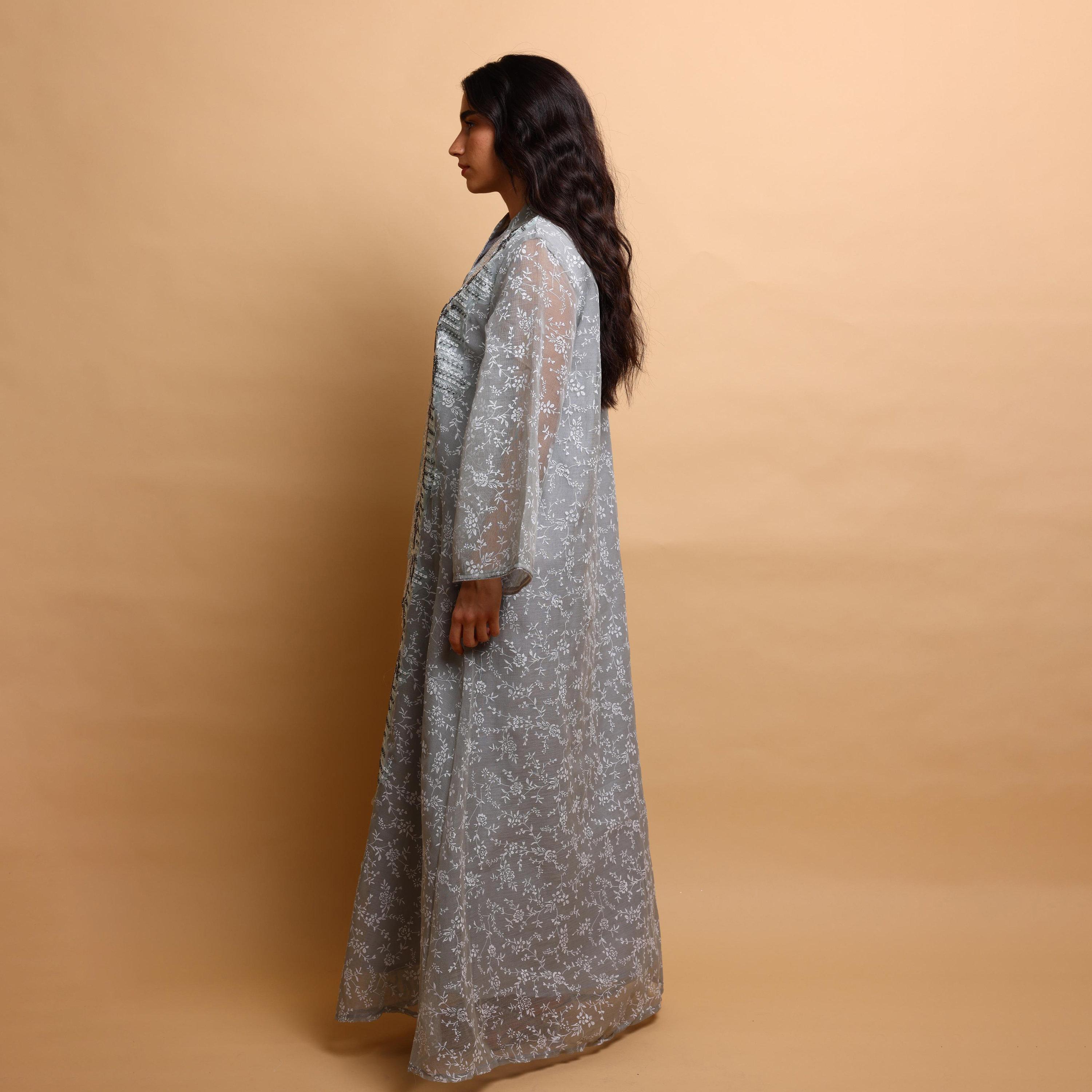 IKKXA Floral Print & Sequined Mandarin Collar Wide Sleeves Women's Evening Jalabiya-women-arabicclothing-jalabiyas-image-3