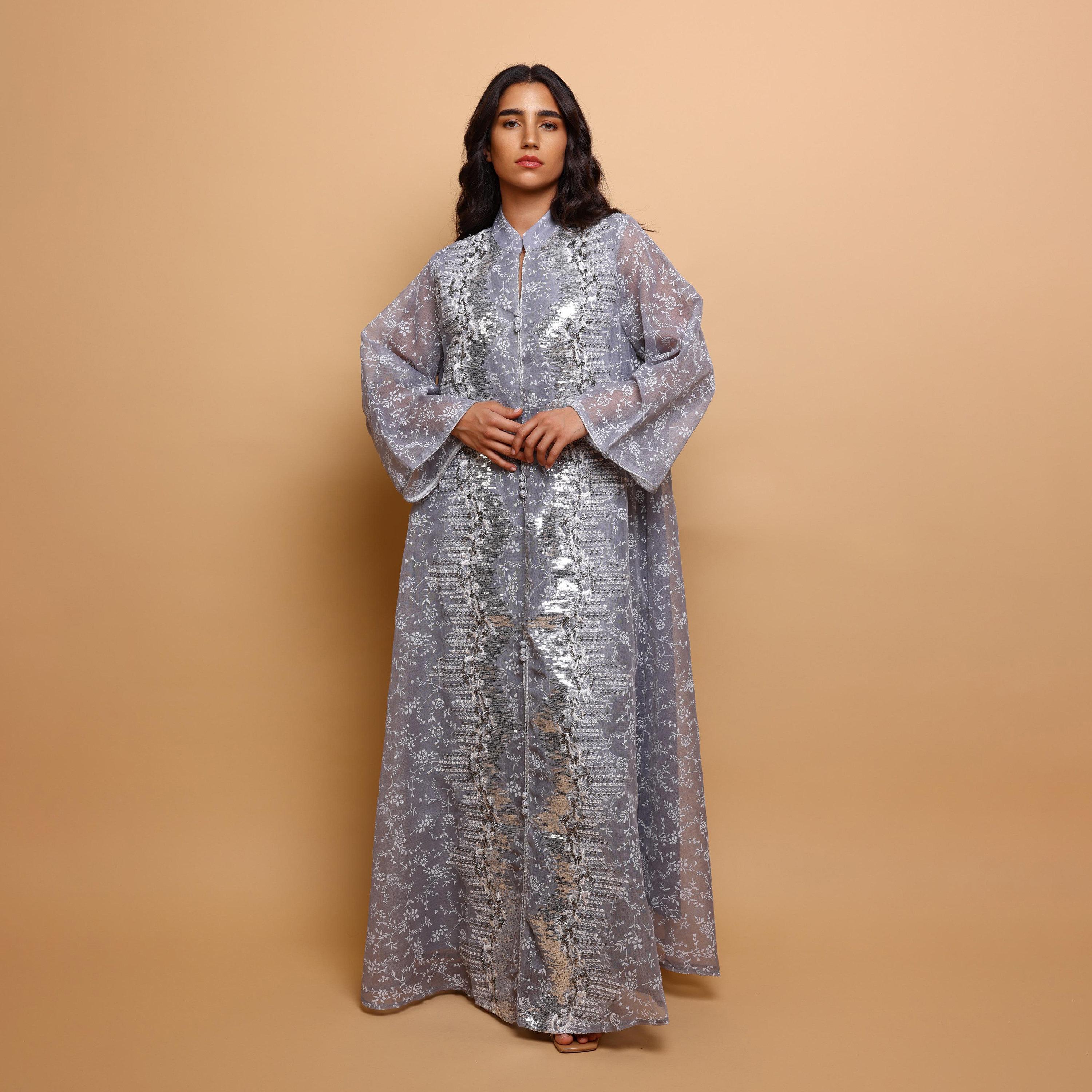 جلابية سهرة نسائية بياقة ماندارين وطبعة زهور وترتر وأكمام واسعة من إكسا-women-arabicclothing-jalabiyas-image-1