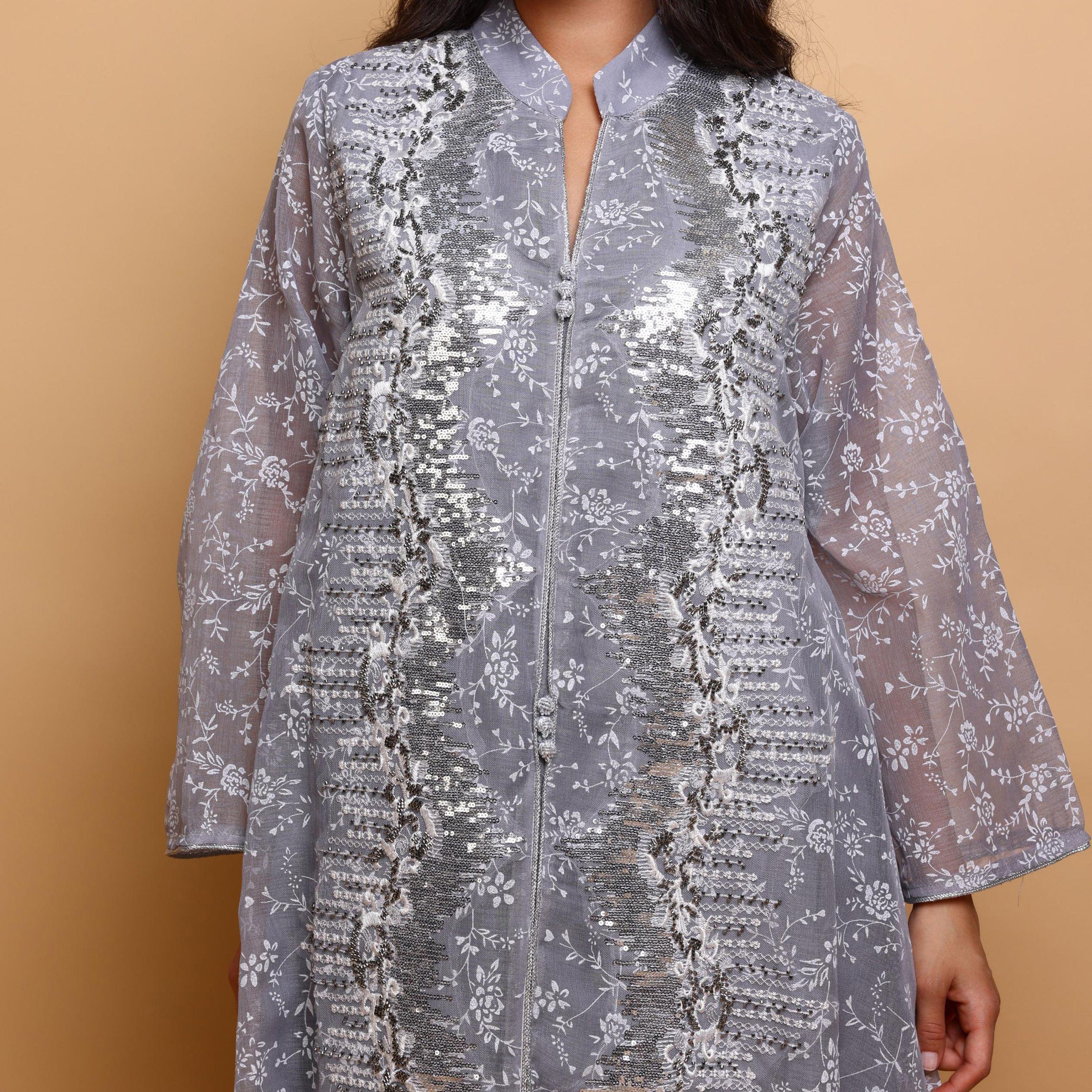 جلابية سهرة نسائية بياقة ماندارين وطبعة زهور وترتر وأكمام واسعة من إكسا-women-arabicclothing-jalabiyas-image-2