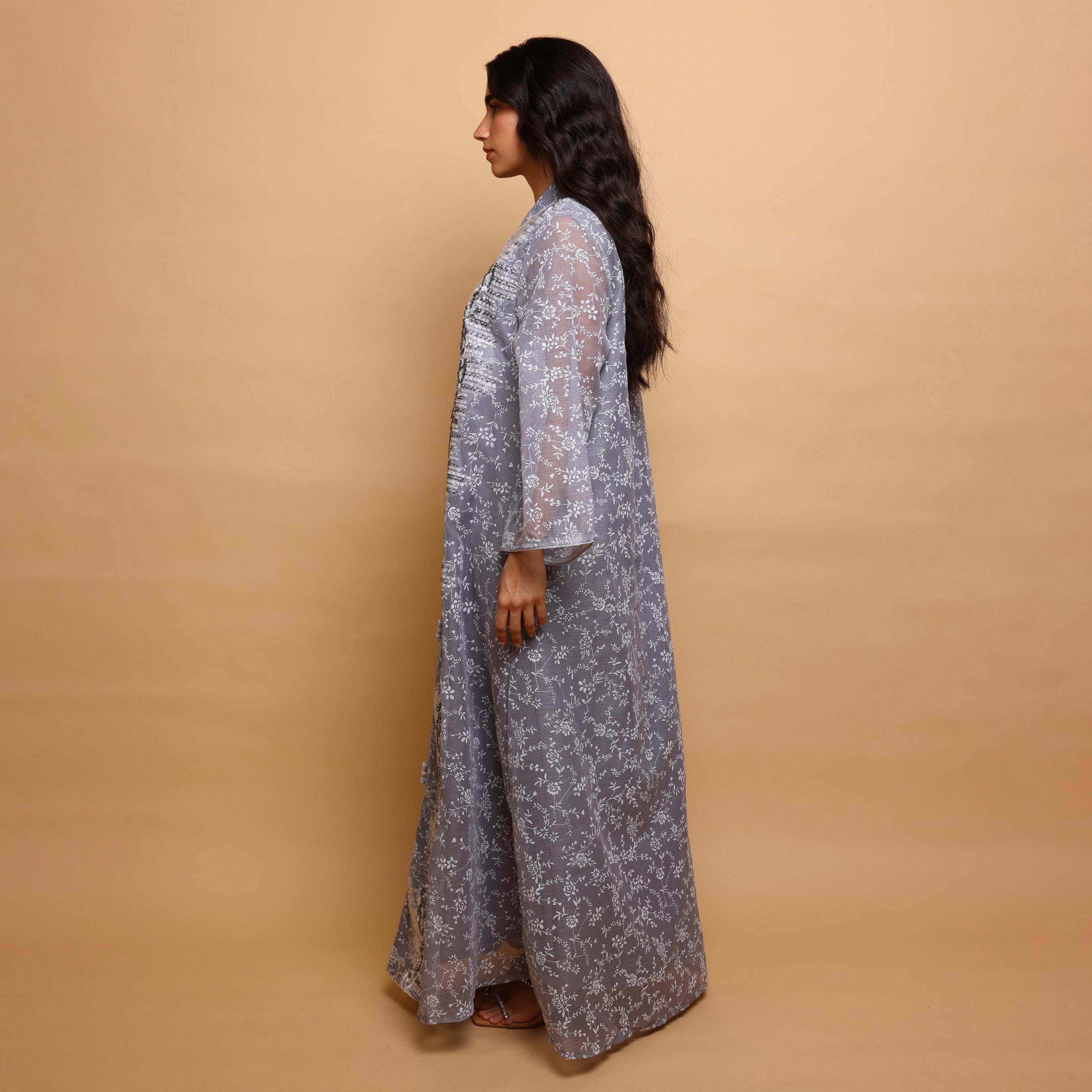 جلابية سهرة نسائية بياقة ماندارين وطبعة زهور وترتر وأكمام واسعة من إكسا-women-arabicclothing-jalabiyas-image-3