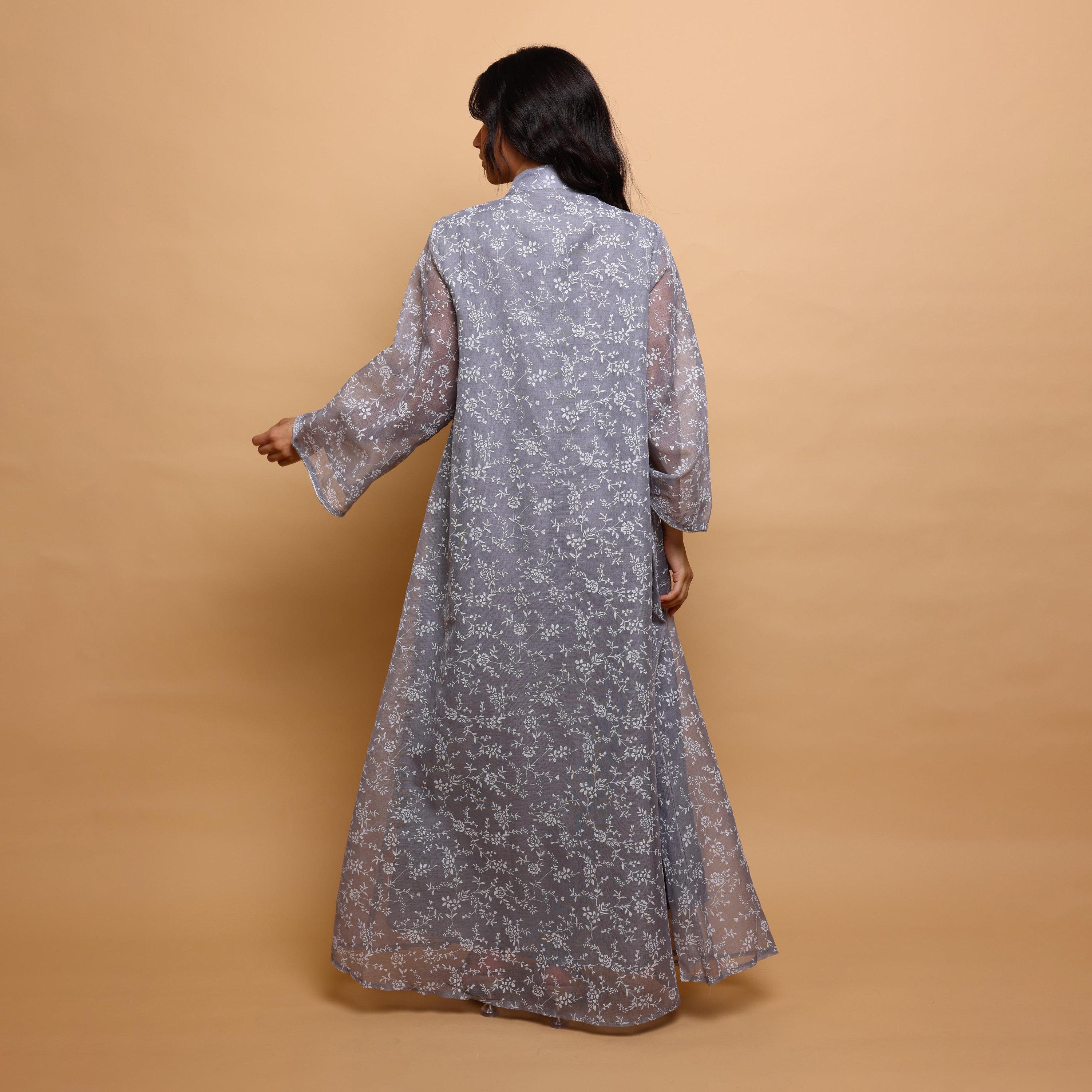 جلابية سهرة نسائية بياقة ماندارين وطبعة زهور وترتر وأكمام واسعة من إكسا-women-arabicclothing-jalabiyas-image-5