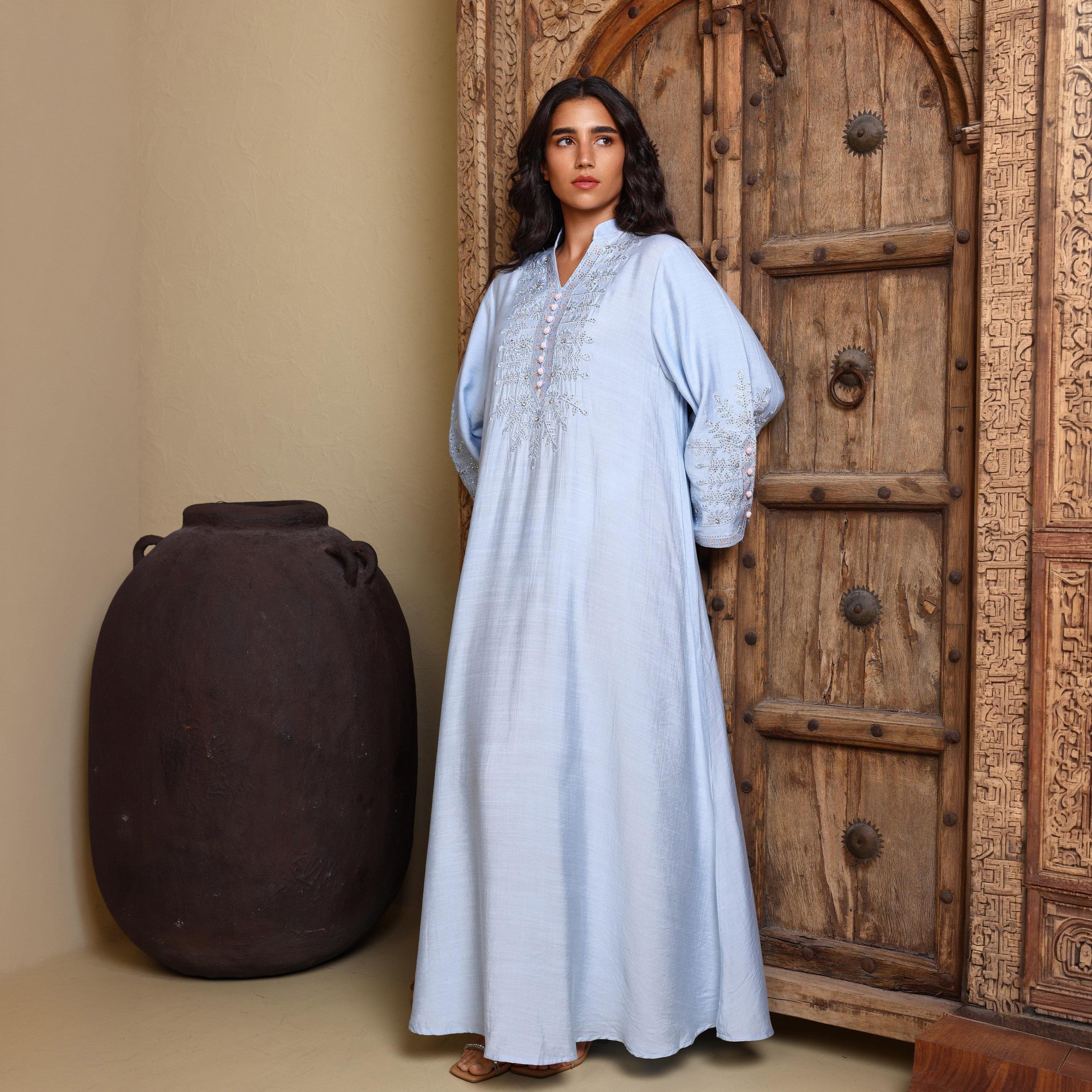 IKKXA Floral Embroidered Mandarin Collar Flared Sleeves Women's Evening Jalabiya-women-arabicclothing-jalabiyas-image-1