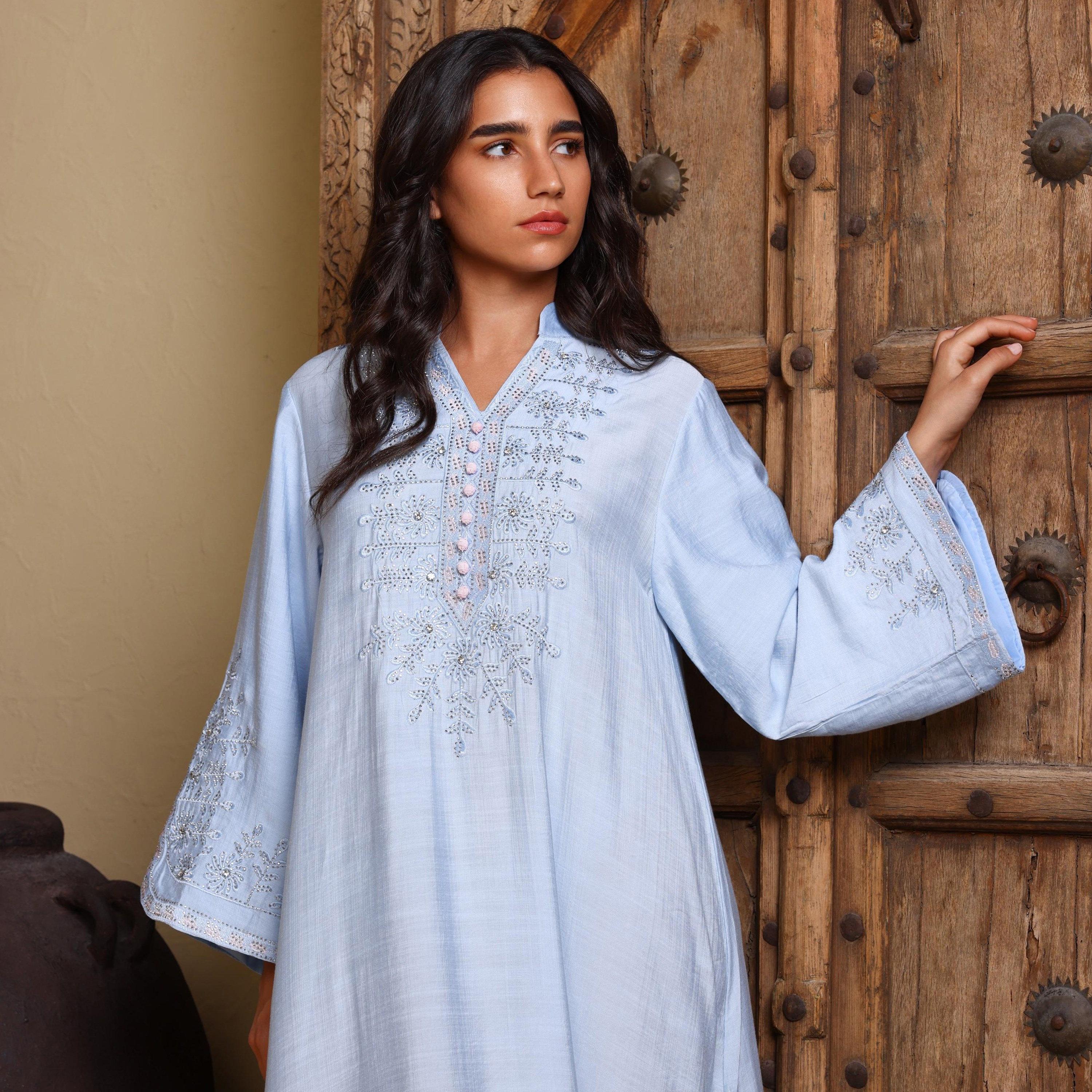 IKKXA Floral Embroidered Mandarin Collar Flared Sleeves Women's Evening Jalabiya-women-arabicclothing-jalabiyas-image-2