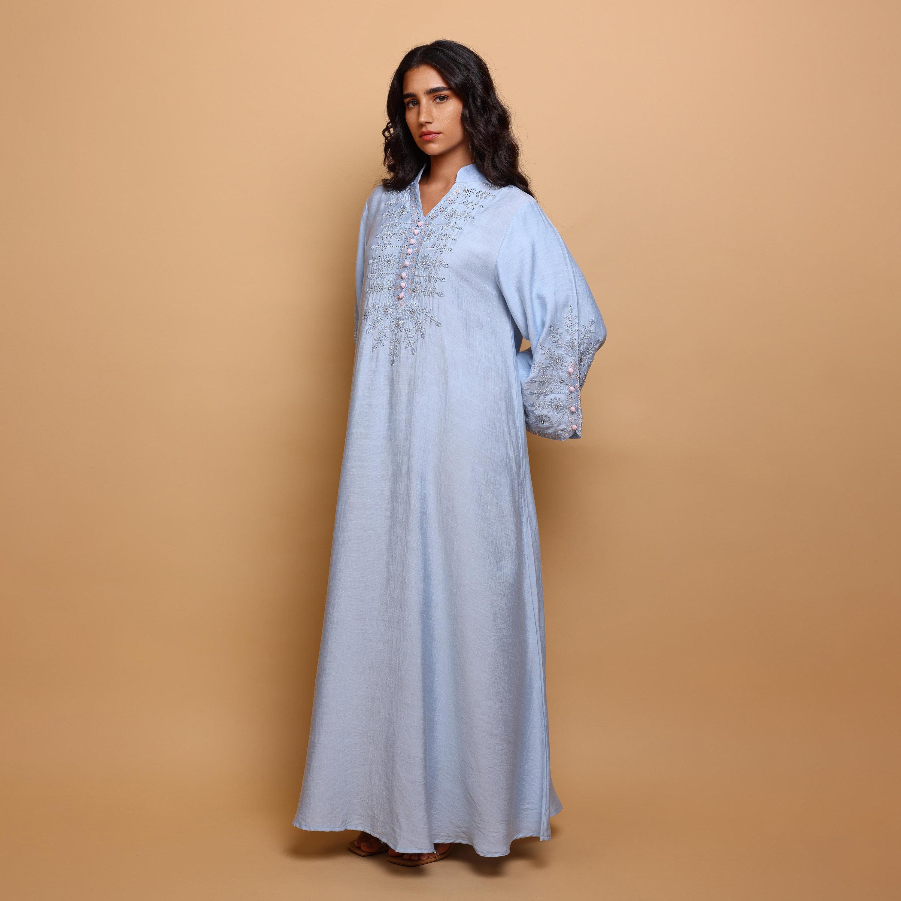 IKKXA Floral Embroidered Mandarin Collar Flared Sleeves Women's Evening Jalabiya-women-arabicclothing-jalabiyas-image-3