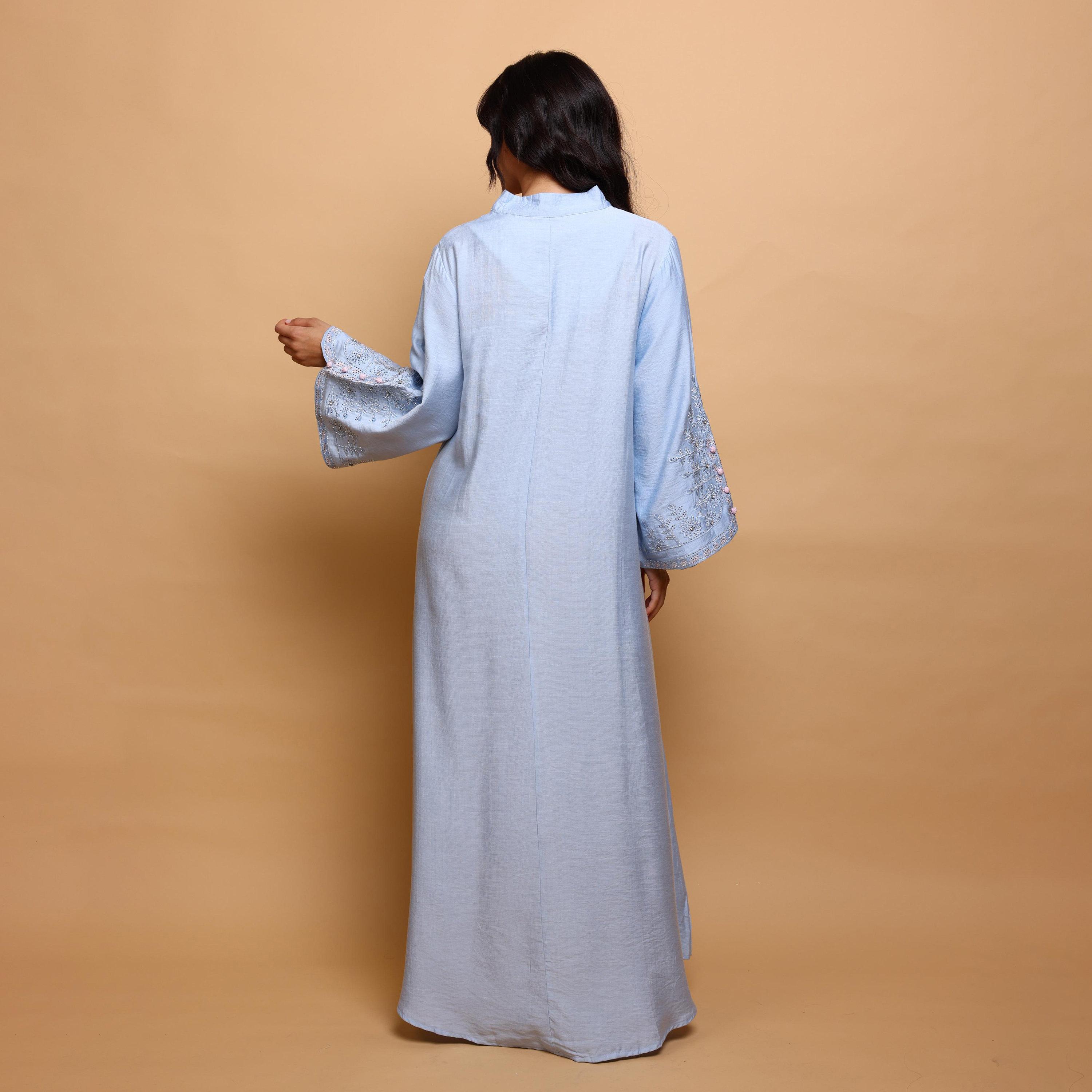 IKKXA Floral Embroidered Mandarin Collar Flared Sleeves Women's Evening Jalabiya-women-arabicclothing-jalabiyas-image-4