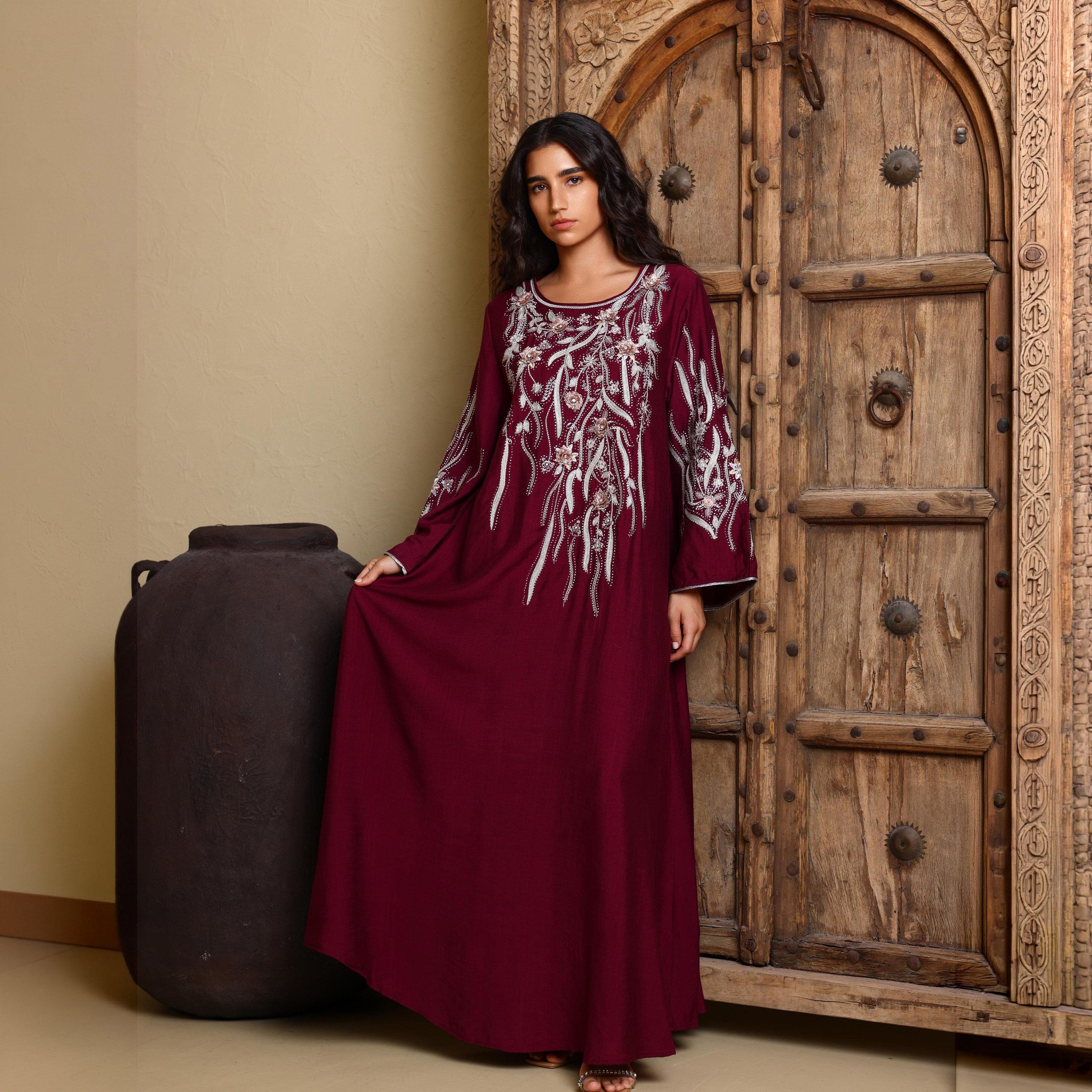 IKKXA Floral Embroidered Wide Sleeves Women's Evening Jalabiya-women-arabicclothing-jalabiyas-image-1