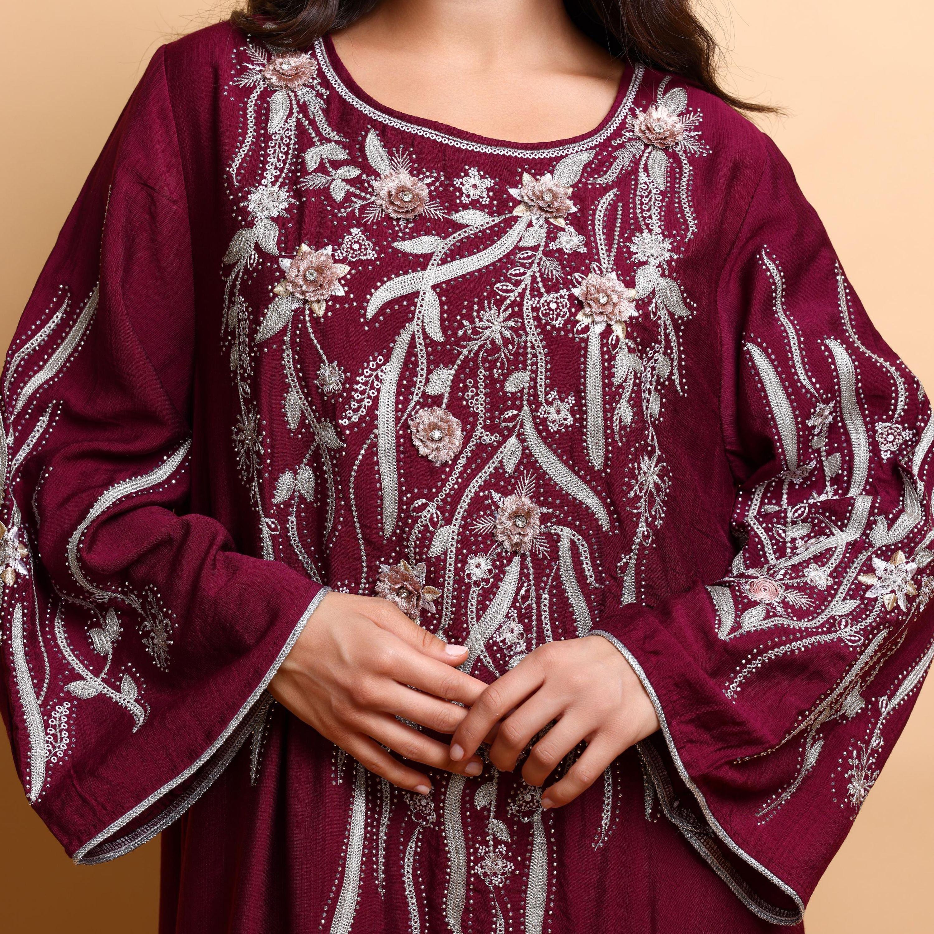 IKKXA Floral Embroidered Wide Sleeves Women's Evening Jalabiya-women-arabicclothing-jalabiyas-image-2