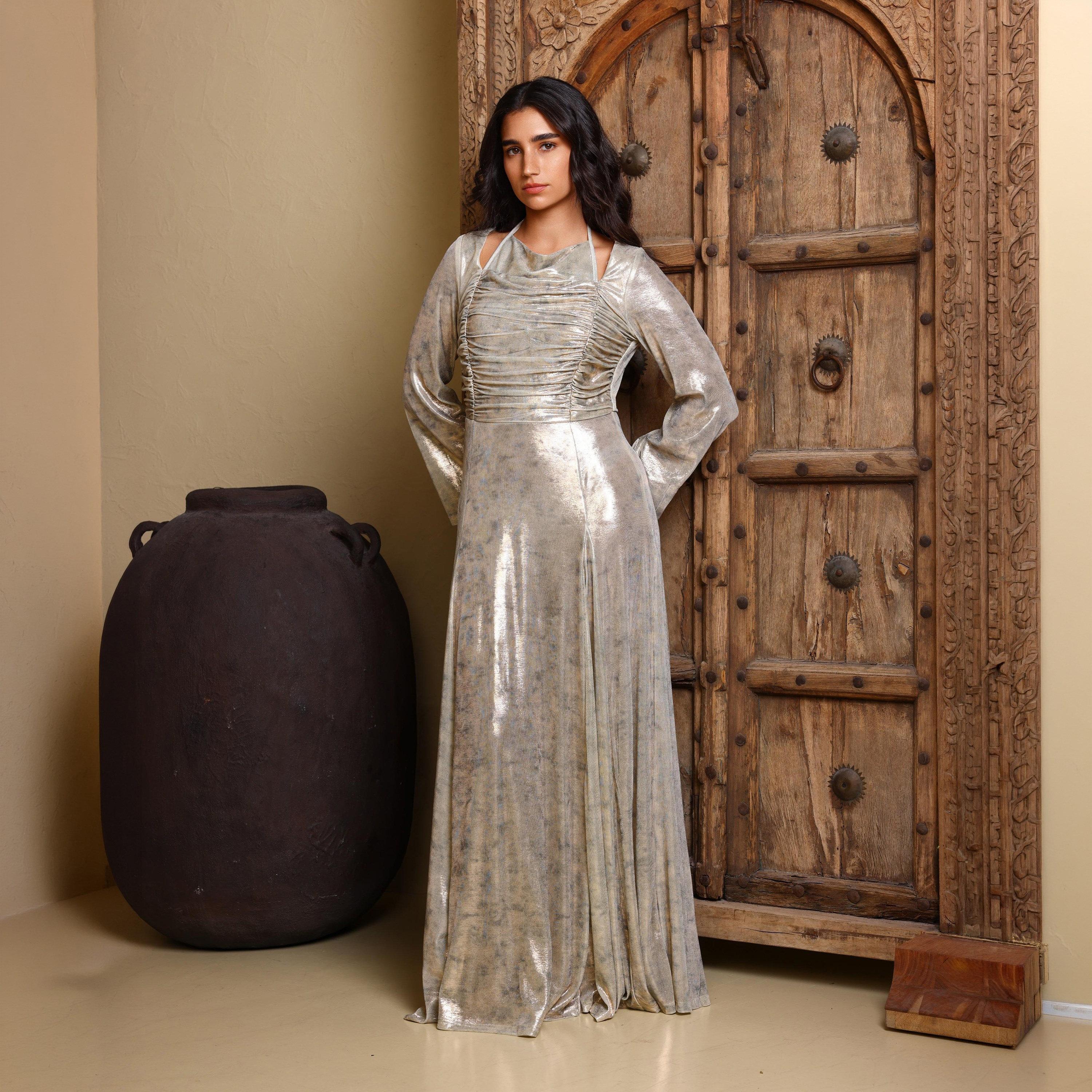 IKKXA Ruched Metallic Halter Neck Women's Evening Fit & Flared Jalabiya-women-clothing-dresses-image-1