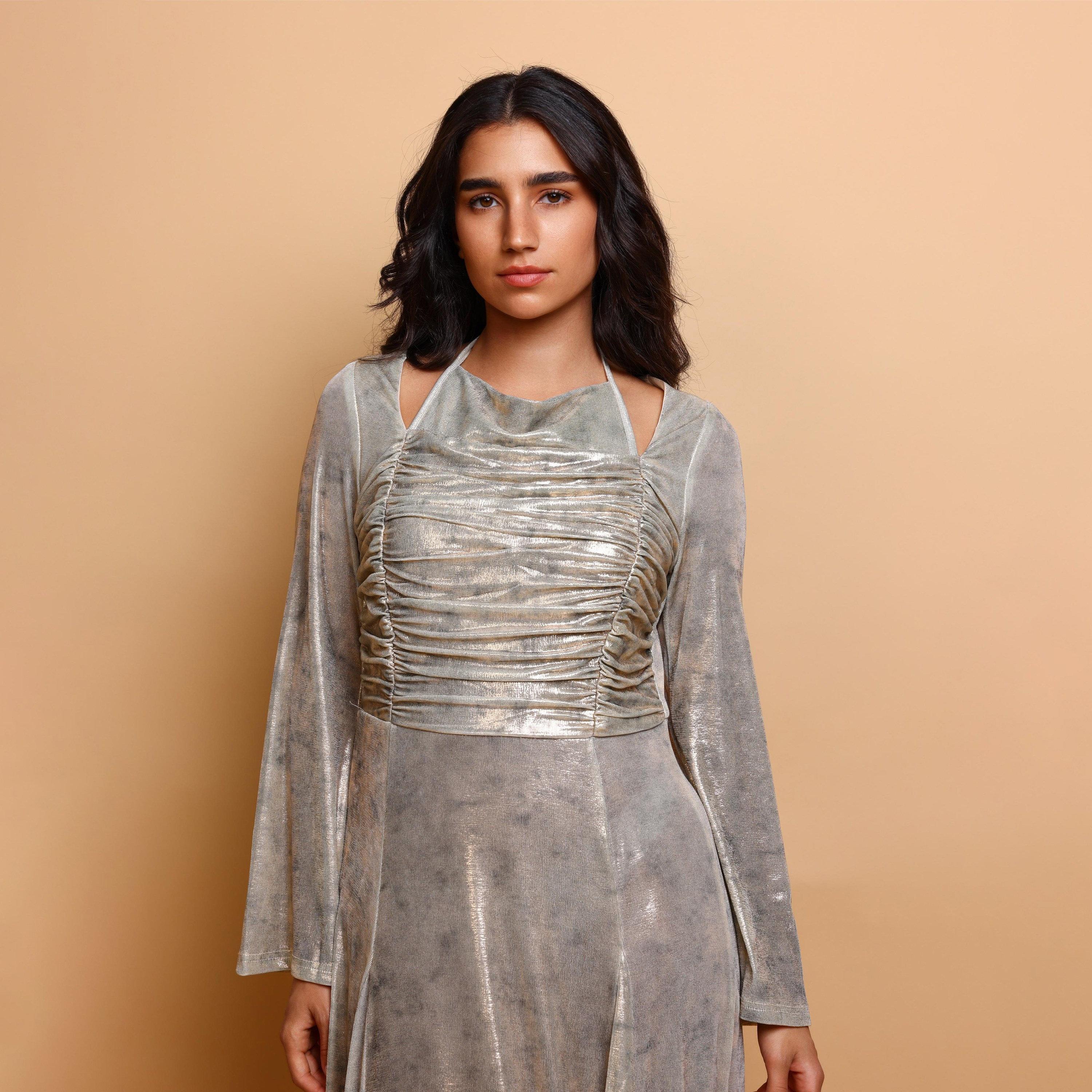 IKKXA Ruched Metallic Halter Neck Women's Evening Fit & Flared Jalabiya-women-clothing-dresses-image-2
