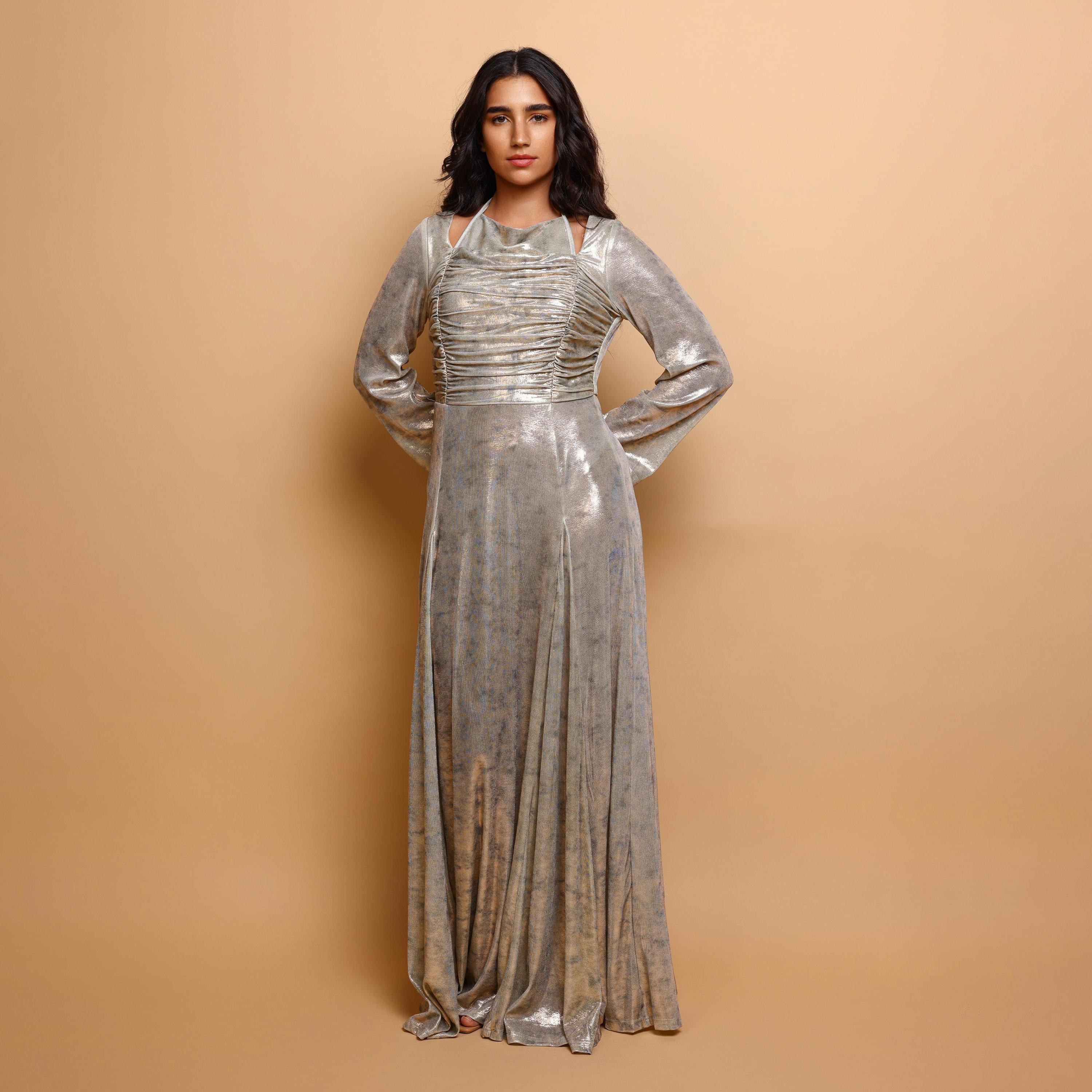IKKXA Ruched Metallic Halter Neck Women's Evening Fit & Flared Jalabiya-women-clothing-dresses-image-3