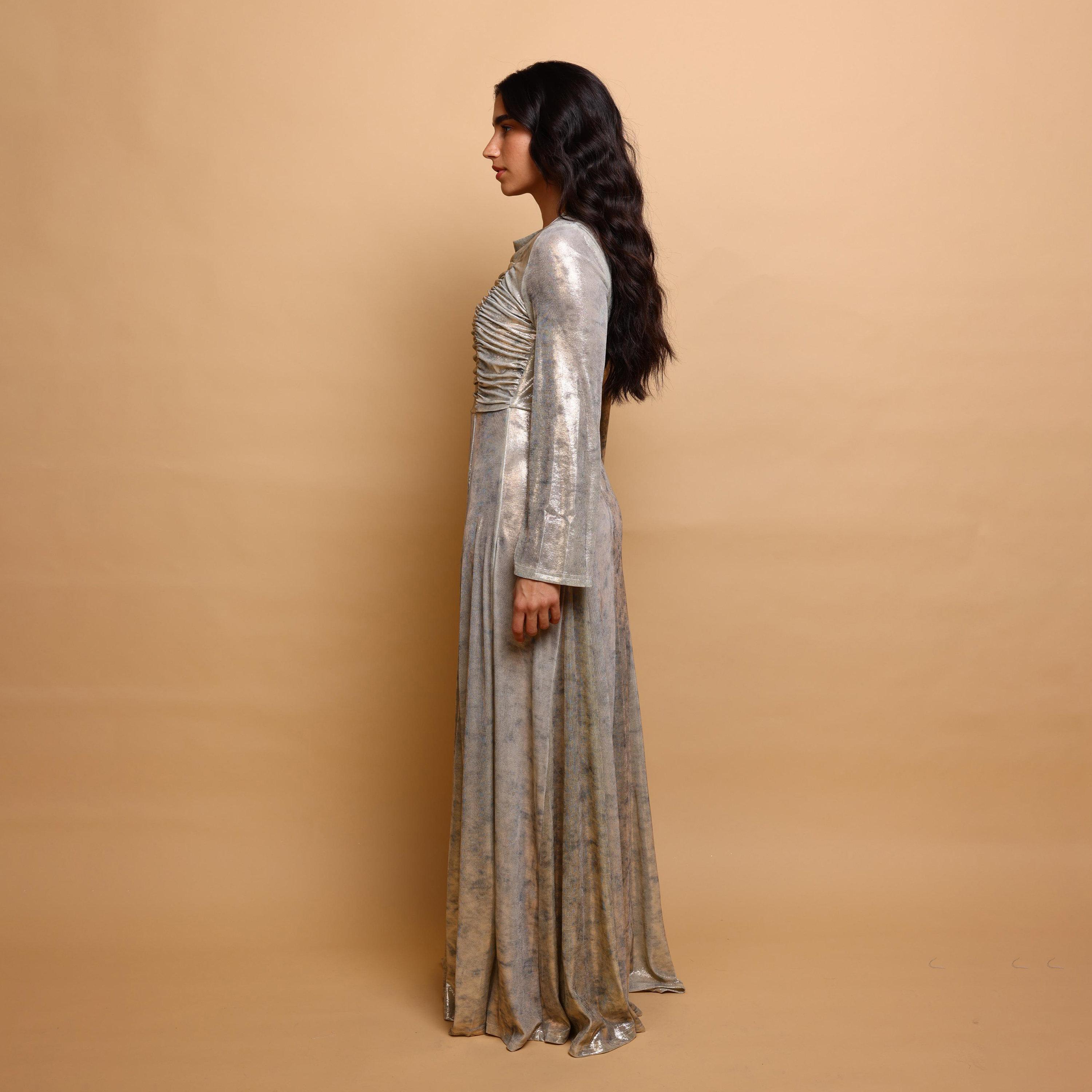 IKKXA Ruched Metallic Halter Neck Women's Evening Fit & Flared Jalabiya-women-clothing-dresses-image-4