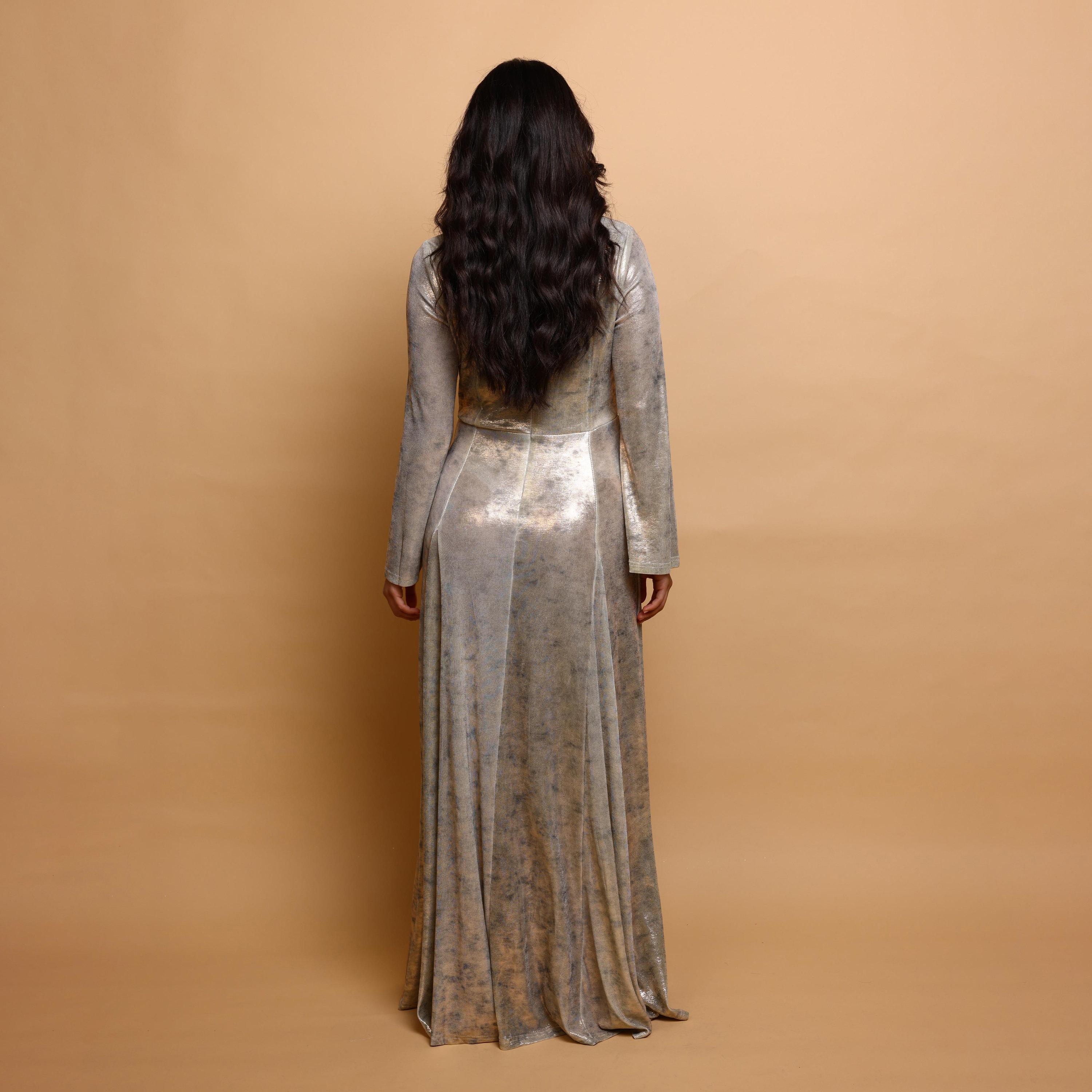 IKKXA Ruched Metallic Halter Neck Women's Evening Fit & Flared Jalabiya-women-clothing-dresses-image-5