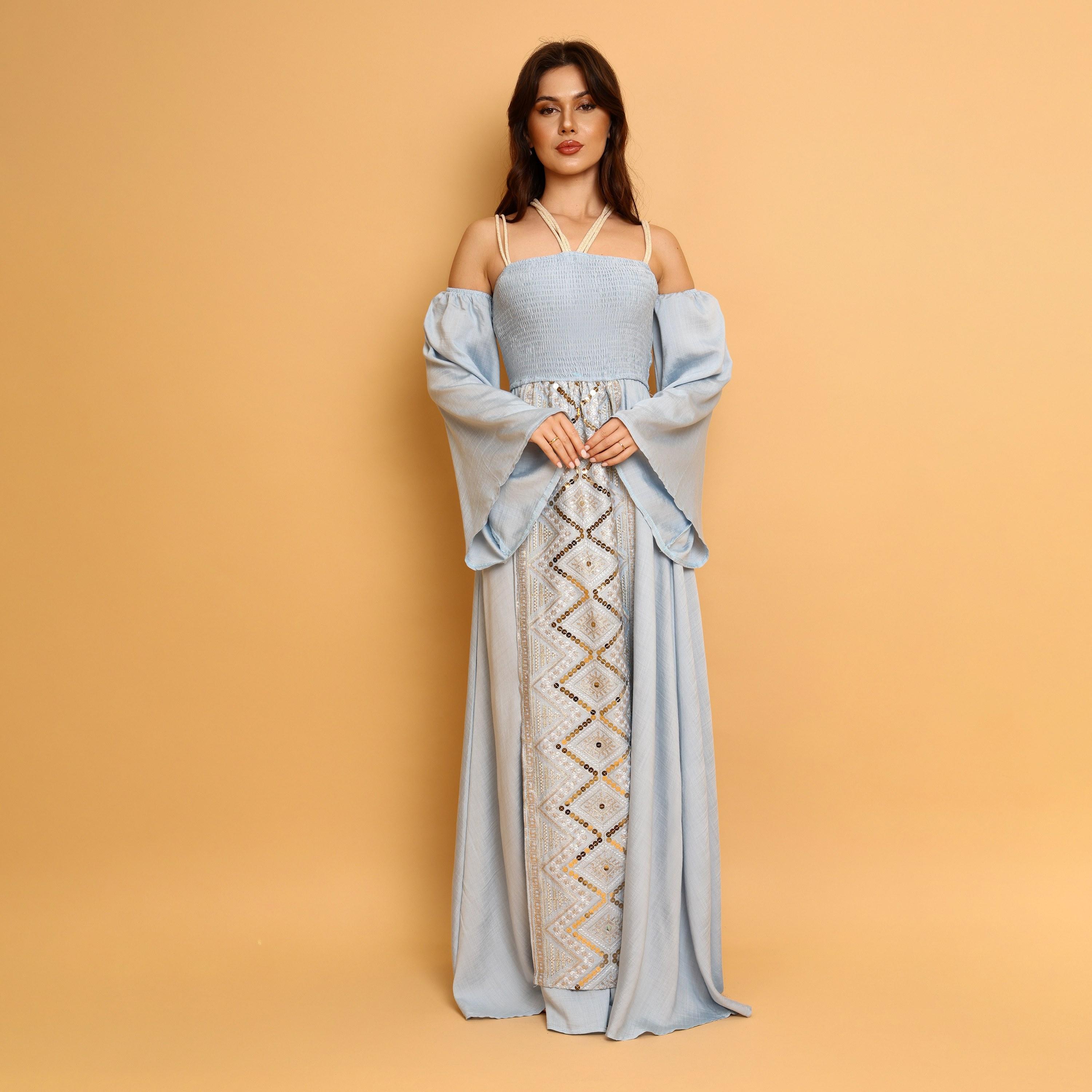IKKXA Embroidered & Sequined Halter Neck Cold Shoulder Women's Evening Fit & Flared Jalabiya-women-clothing-dresses-image-4