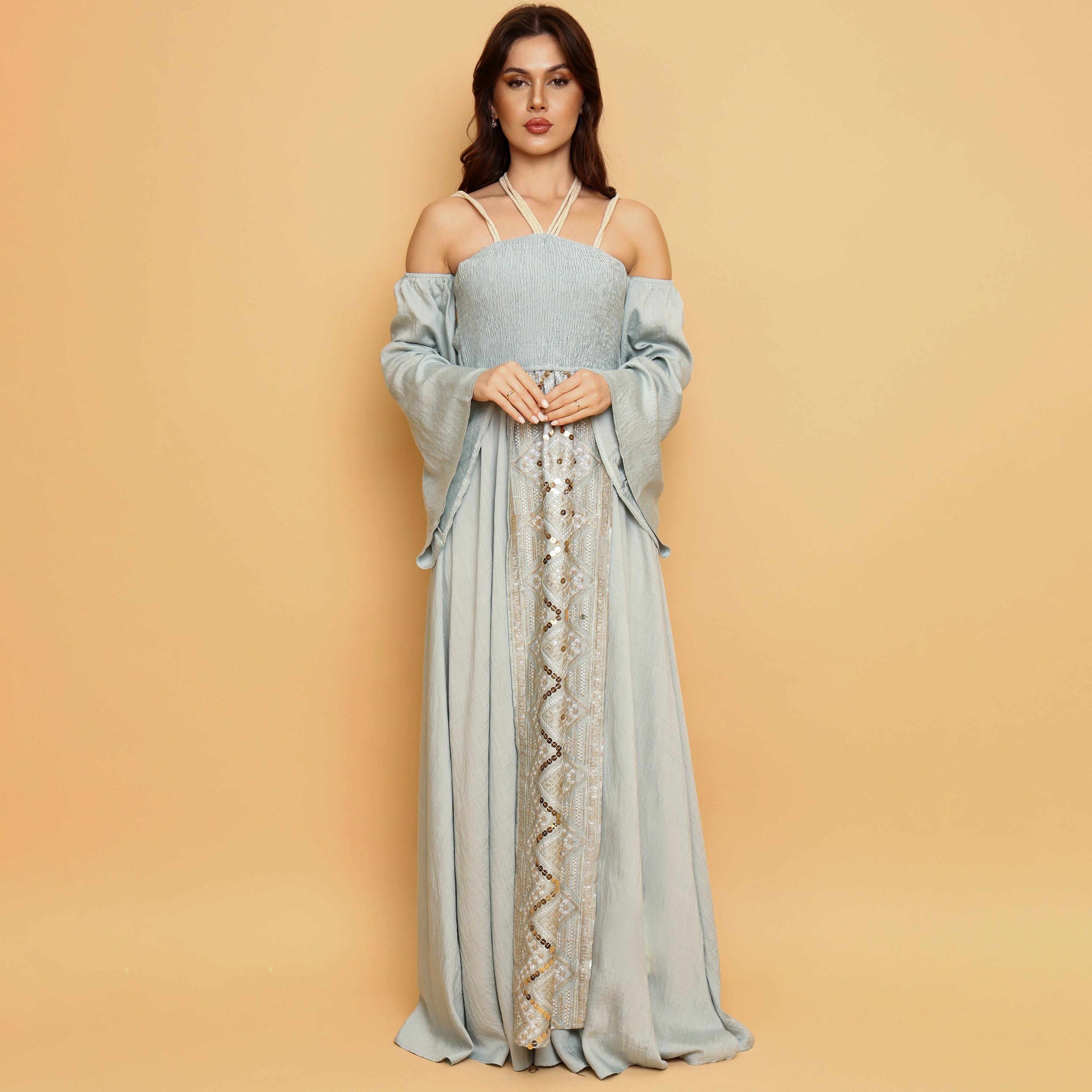 IKKXA Embroidered & Sequined Halter Neck Cold Shoulder Women's Evening Fit & Flared Jalabiya-women-clothing-dresses-image-10