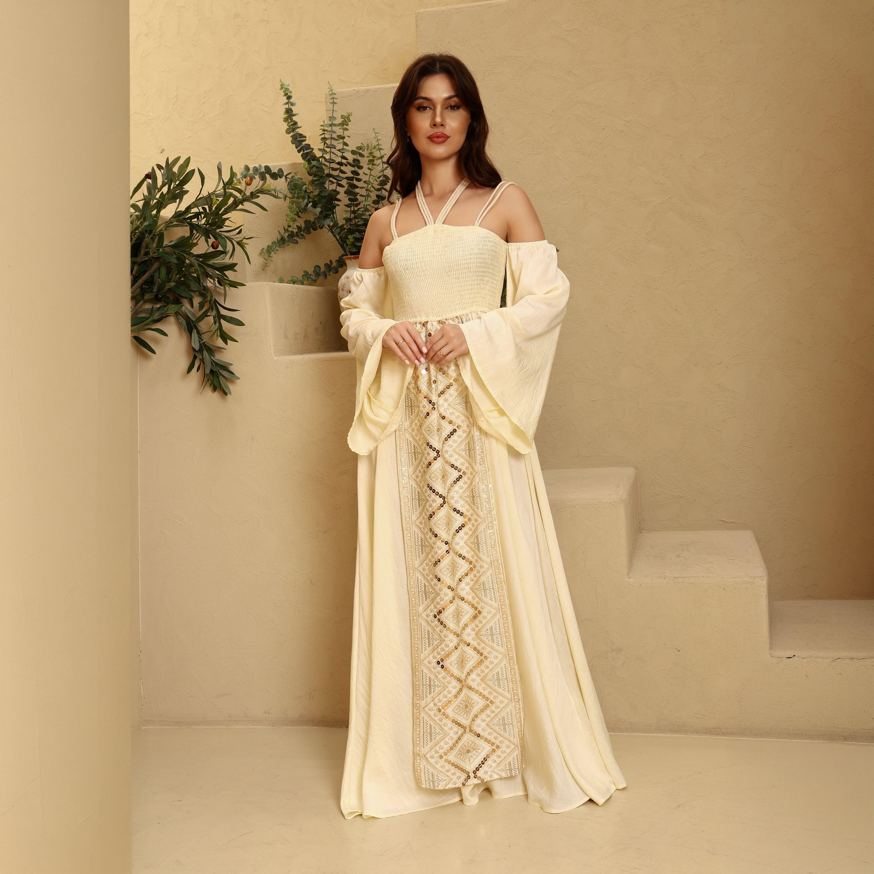 IKKXA Embroidered & Sequined Halter Neck Cold Shoulder Women's Evening Fit & Flared Jalabiya-women-clothing-dresses-image-6