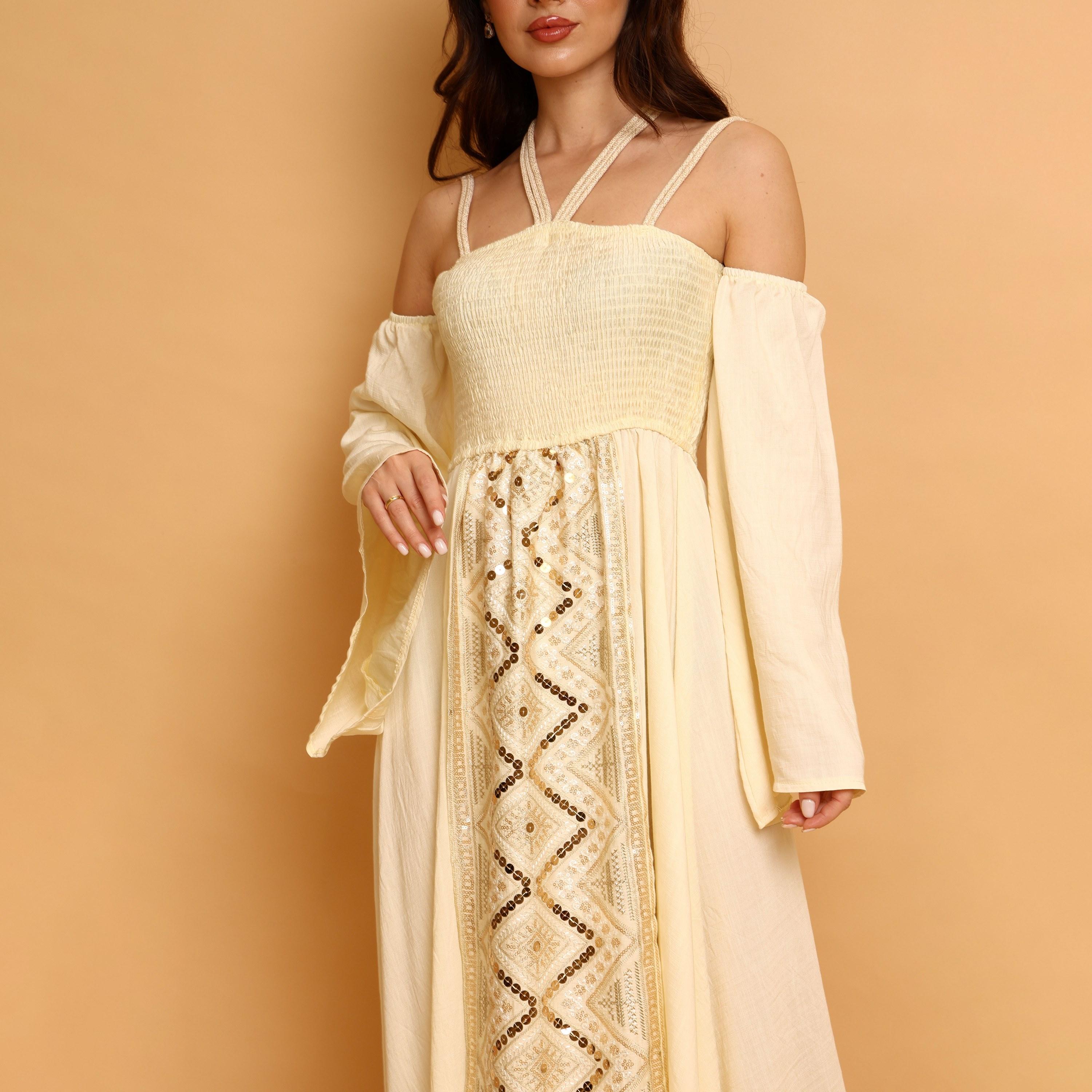 IKKXA Embroidered & Sequined Halter Neck Cold Shoulder Women's Evening Fit & Flared Jalabiya-women-clothing-dresses-image-7