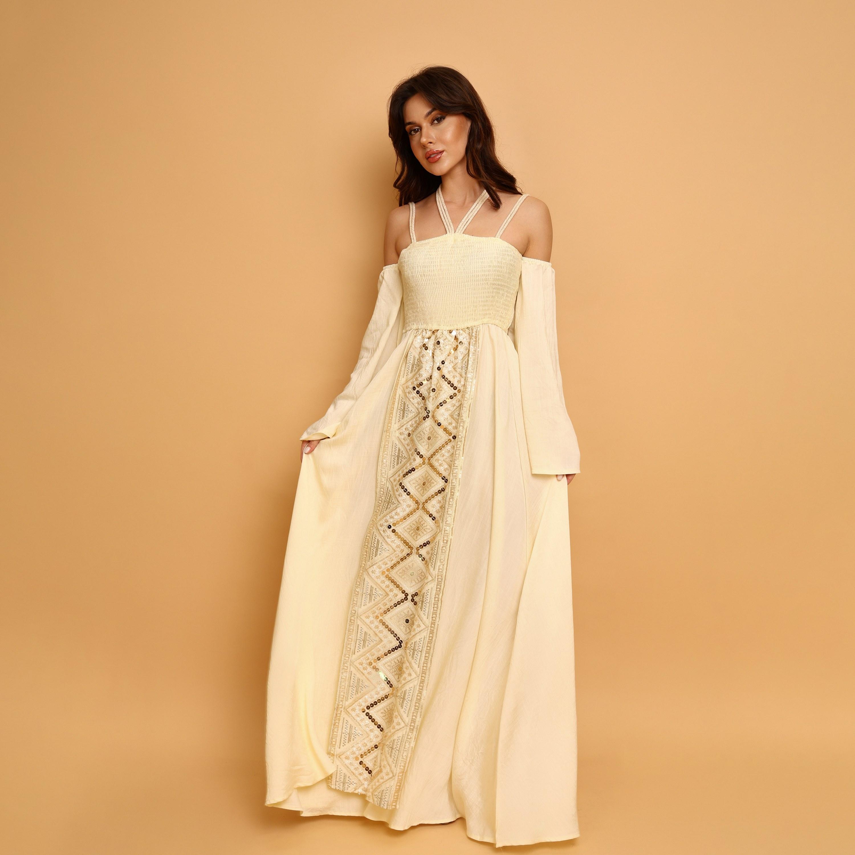 IKKXA Embroidered & Sequined Halter Neck Cold Shoulder Women's Evening Fit & Flared Jalabiya-women-clothing-dresses-image-9