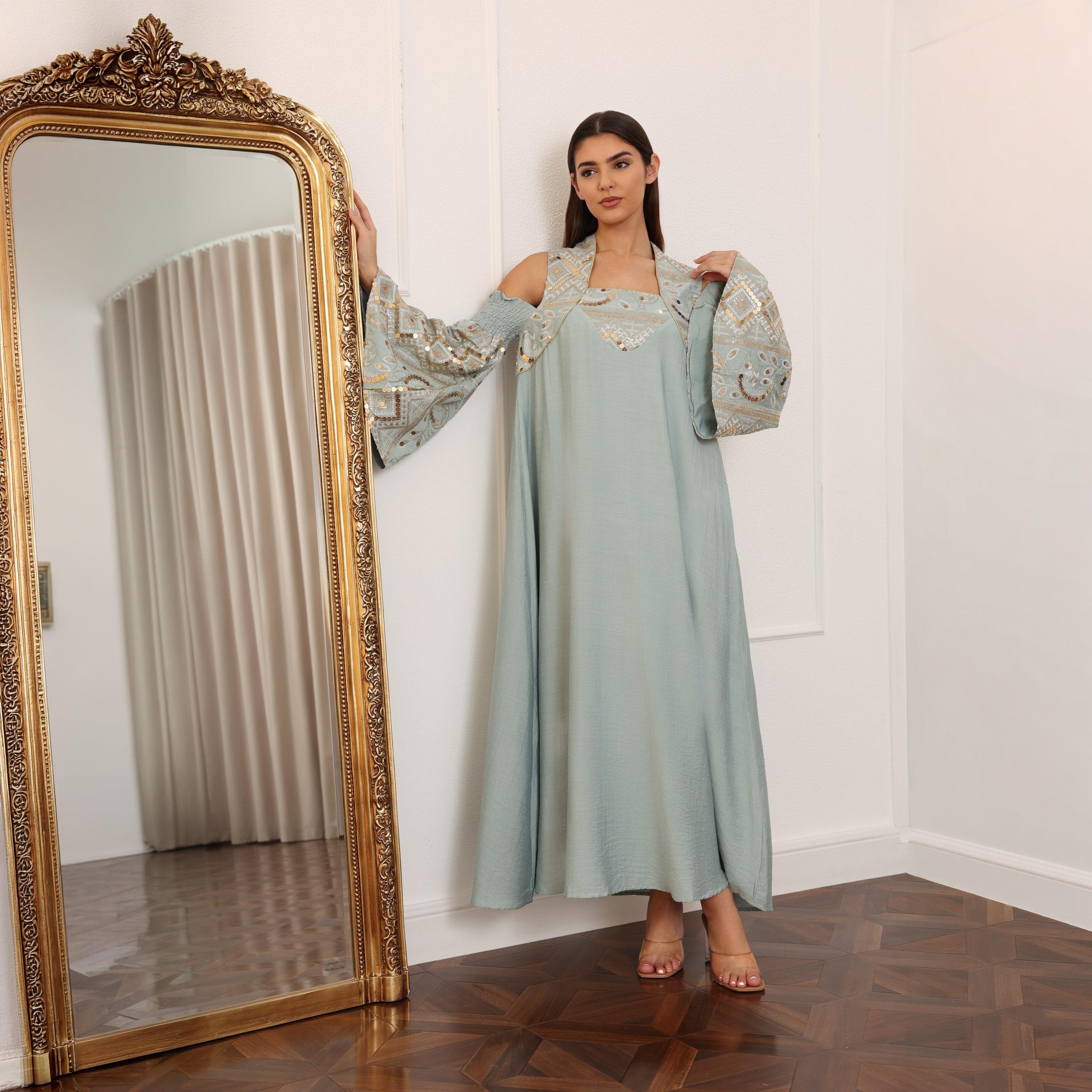 IKKXA Cold Shoulder Flared Sleeves Sequins Women's Evening Jalabiya-women-clothing-dresses-image-1