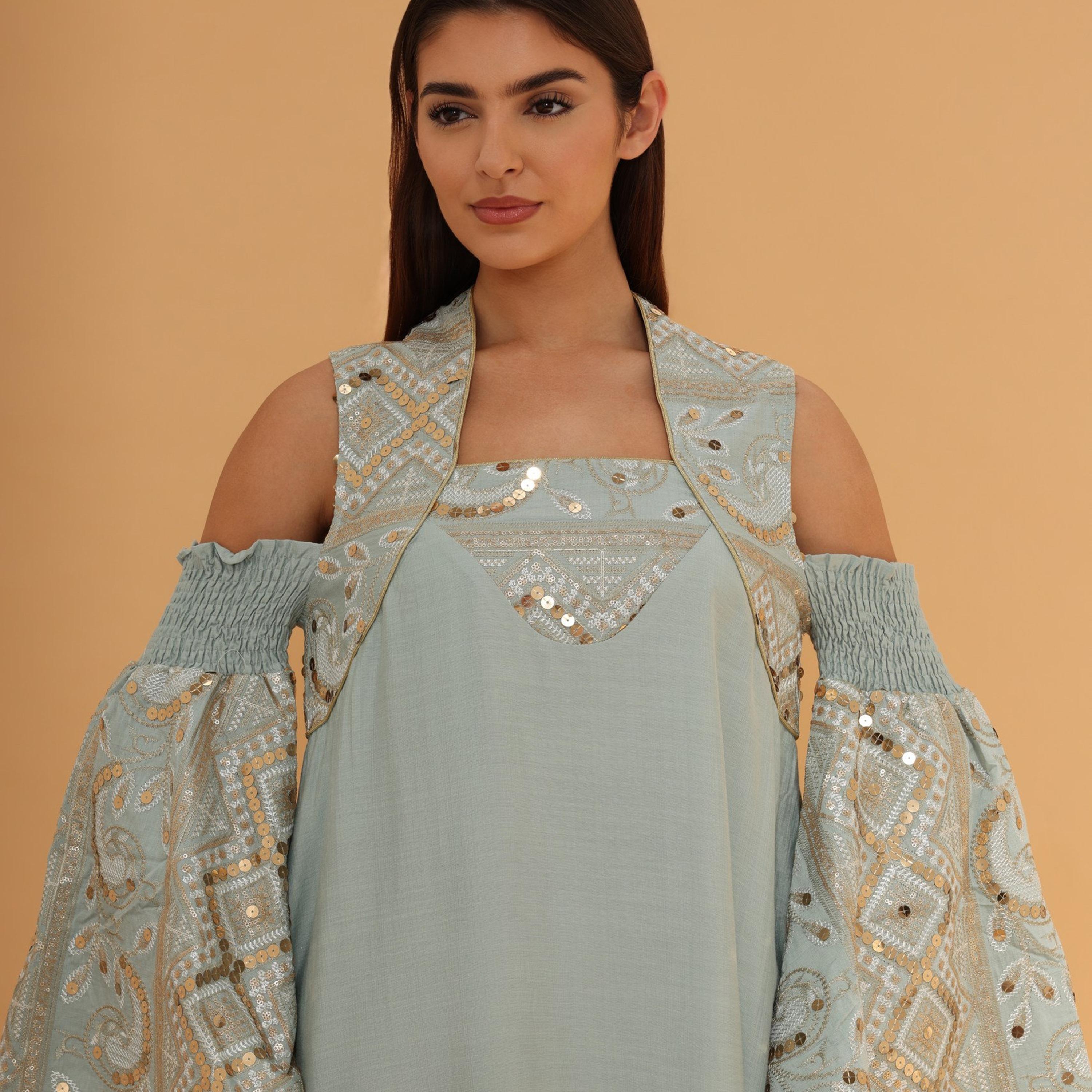 IKKXA Cold Shoulder Flared Sleeves Sequins Women's Evening Jalabiya-women-clothing-dresses-image-2