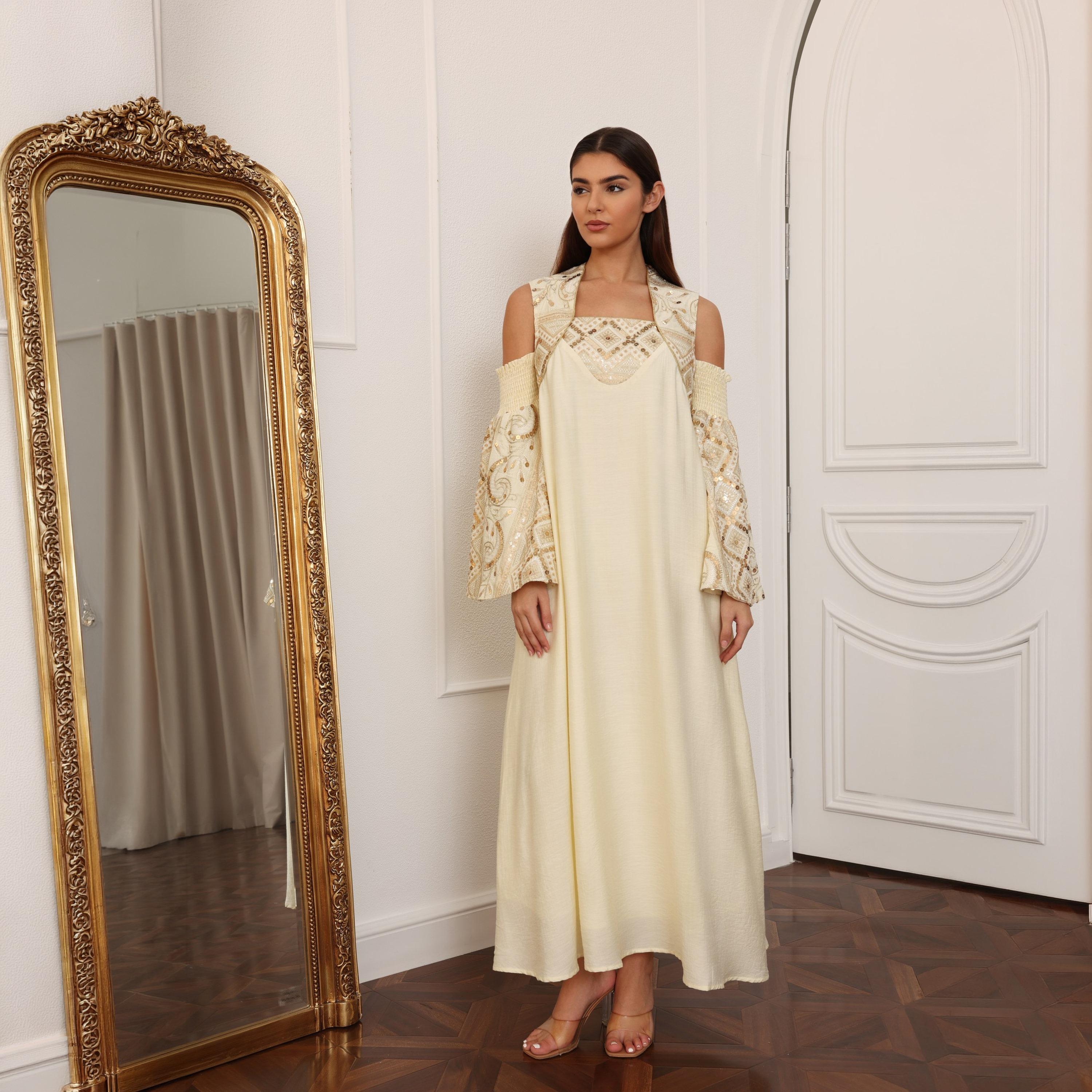 IKKXA Cold Shoulder Flared Sleeves Sequins Women's Evening Jalabiya-women-clothing-dresses-image-1